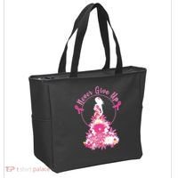 Never Give Up Breast Cancer Awareness Floral Tote Bag thumb 2