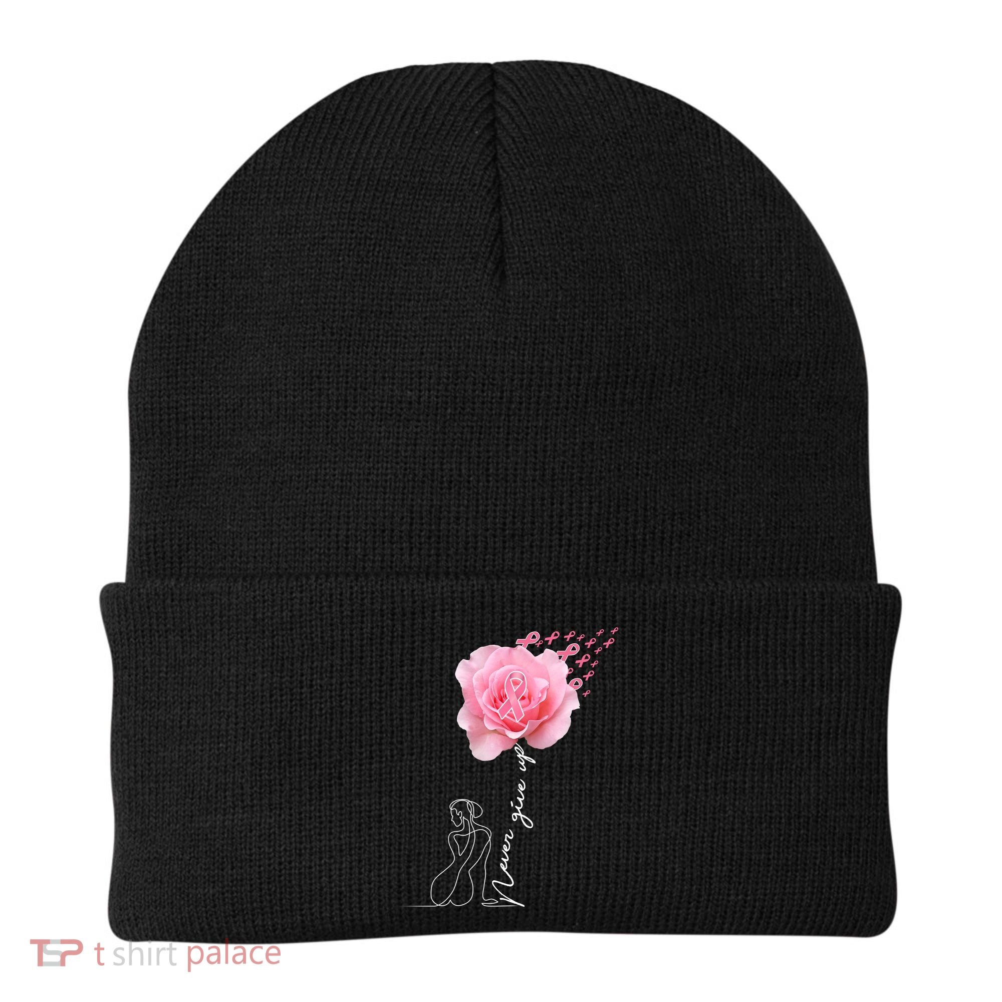 Never Give Up Breast Cancer Rose Beanie