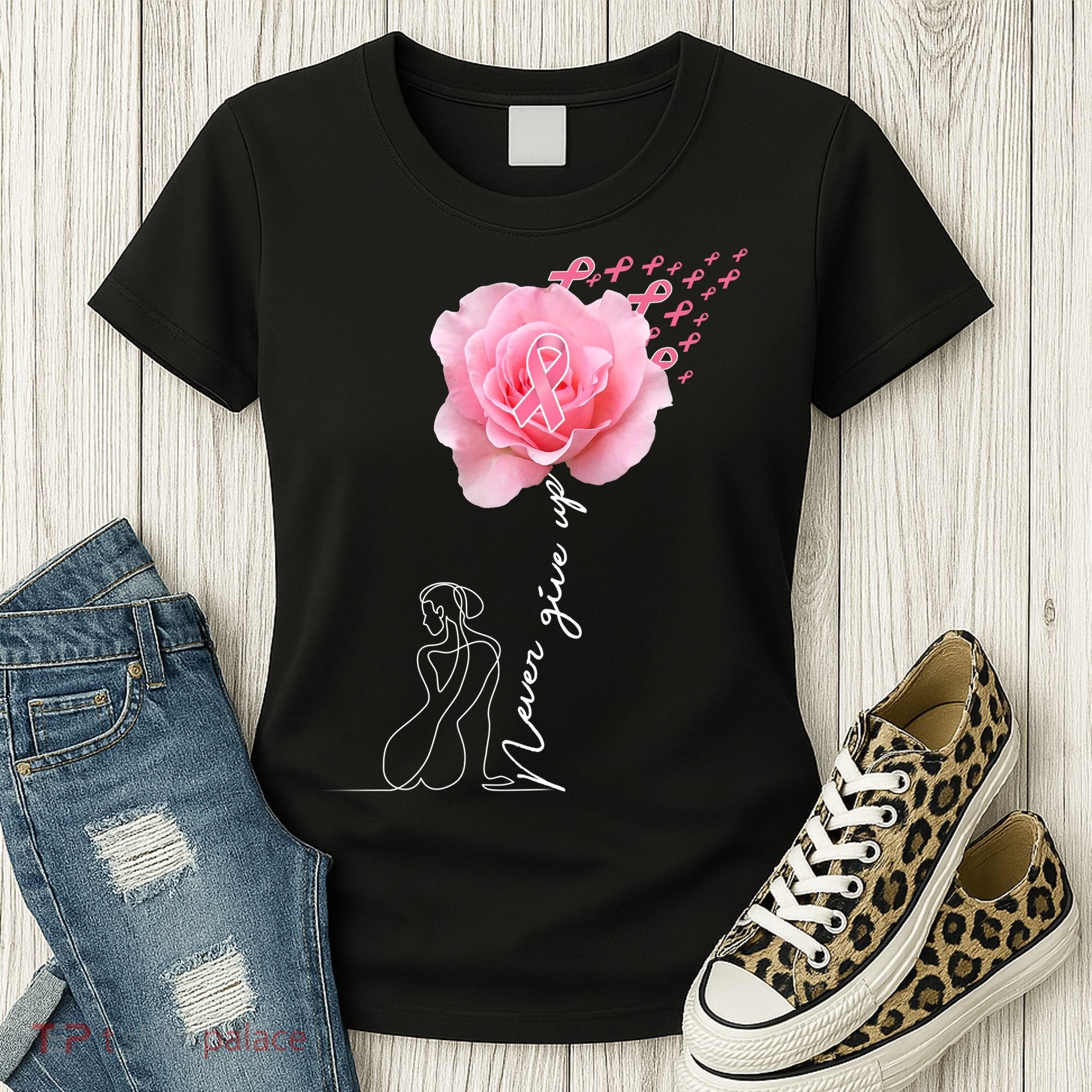 Never Give Up Breast Cancer Rose Women's T-Shirt