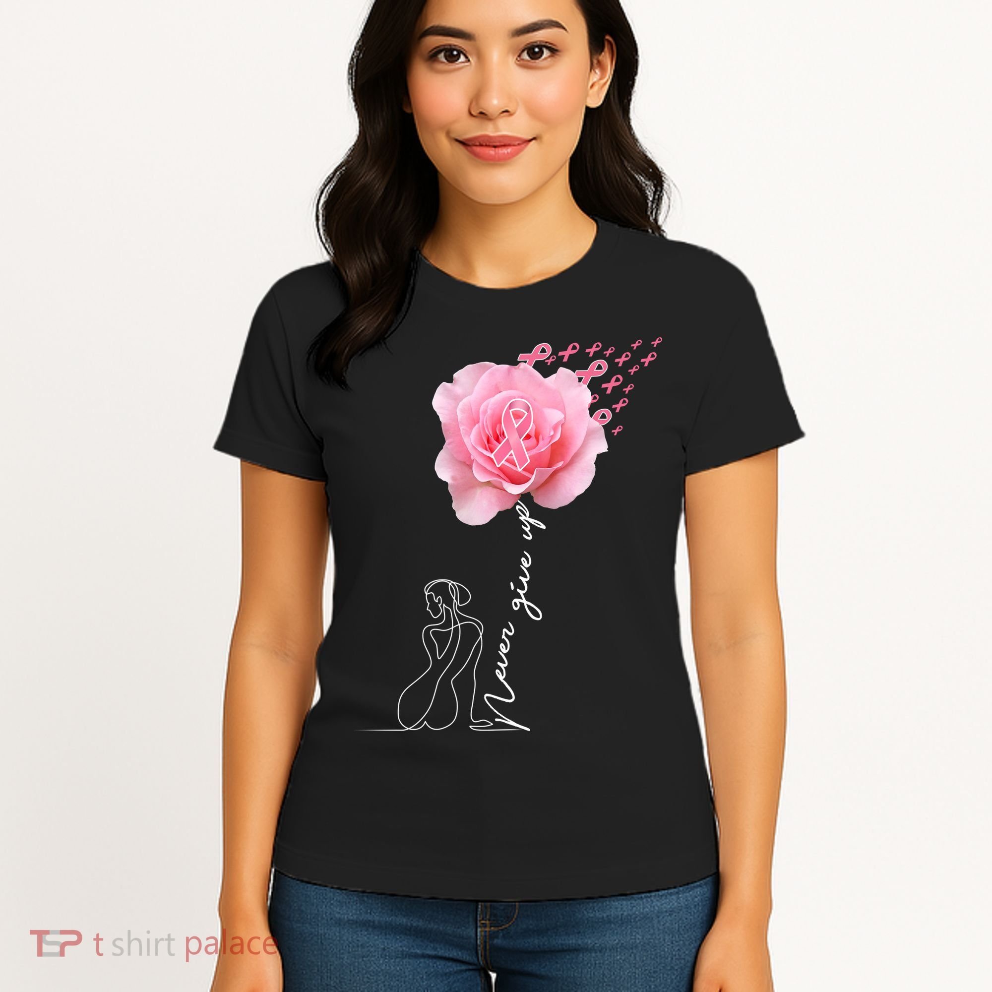 Never Give Up Breast Cancer Rose Women's T-Shirt