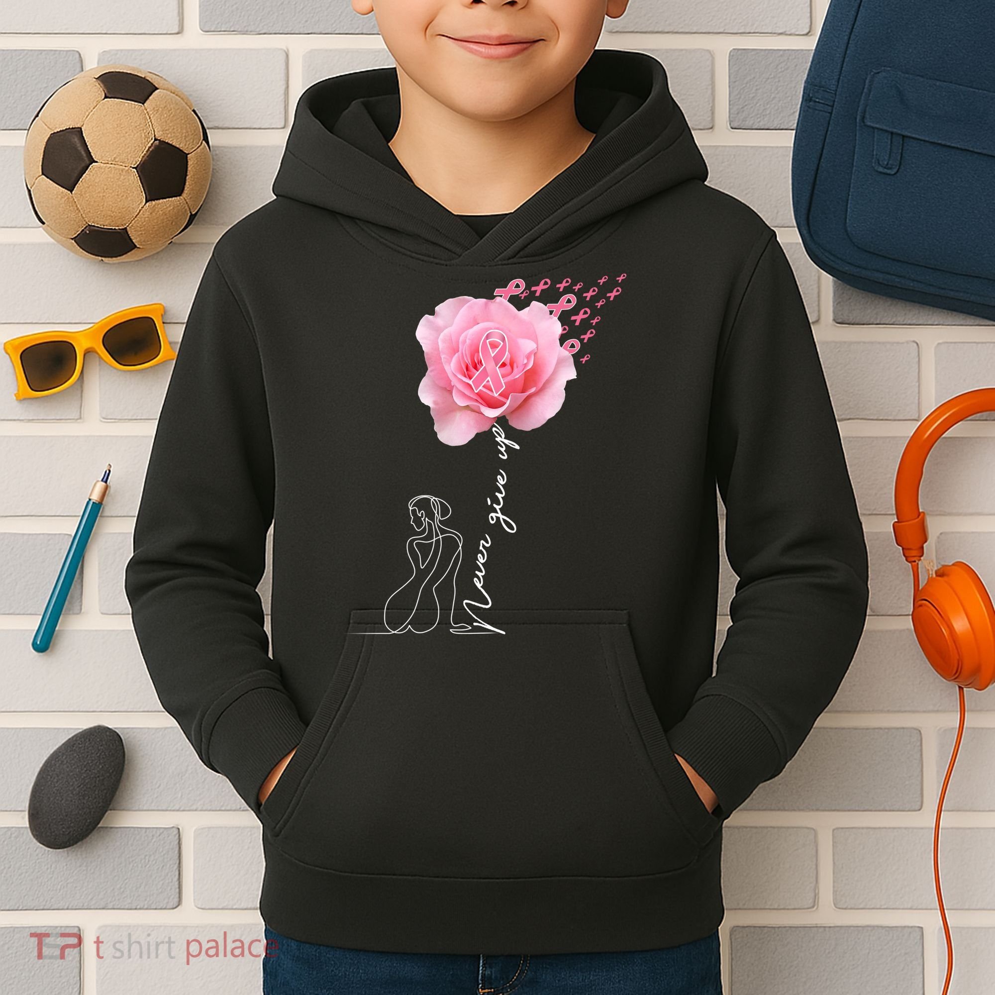 Never Give Up Breast Cancer Rose Kids Hoodie