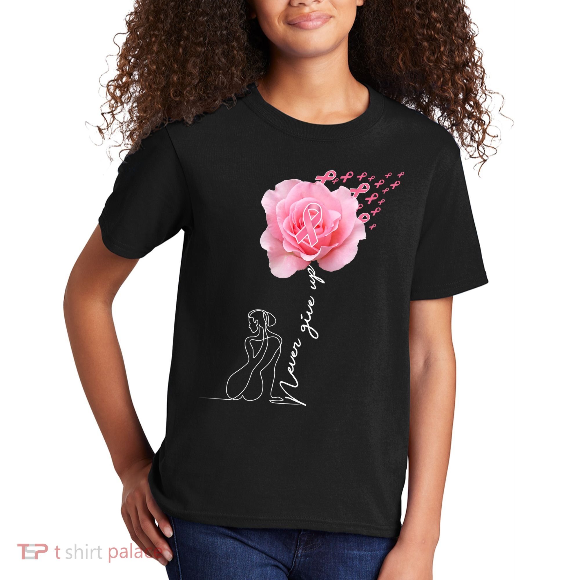 Never Give Up Breast Cancer Rose Kids T-Shirt