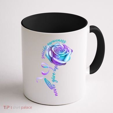 Never Give Up Suicide Awareness Ribbon Rose Coffee Mug back