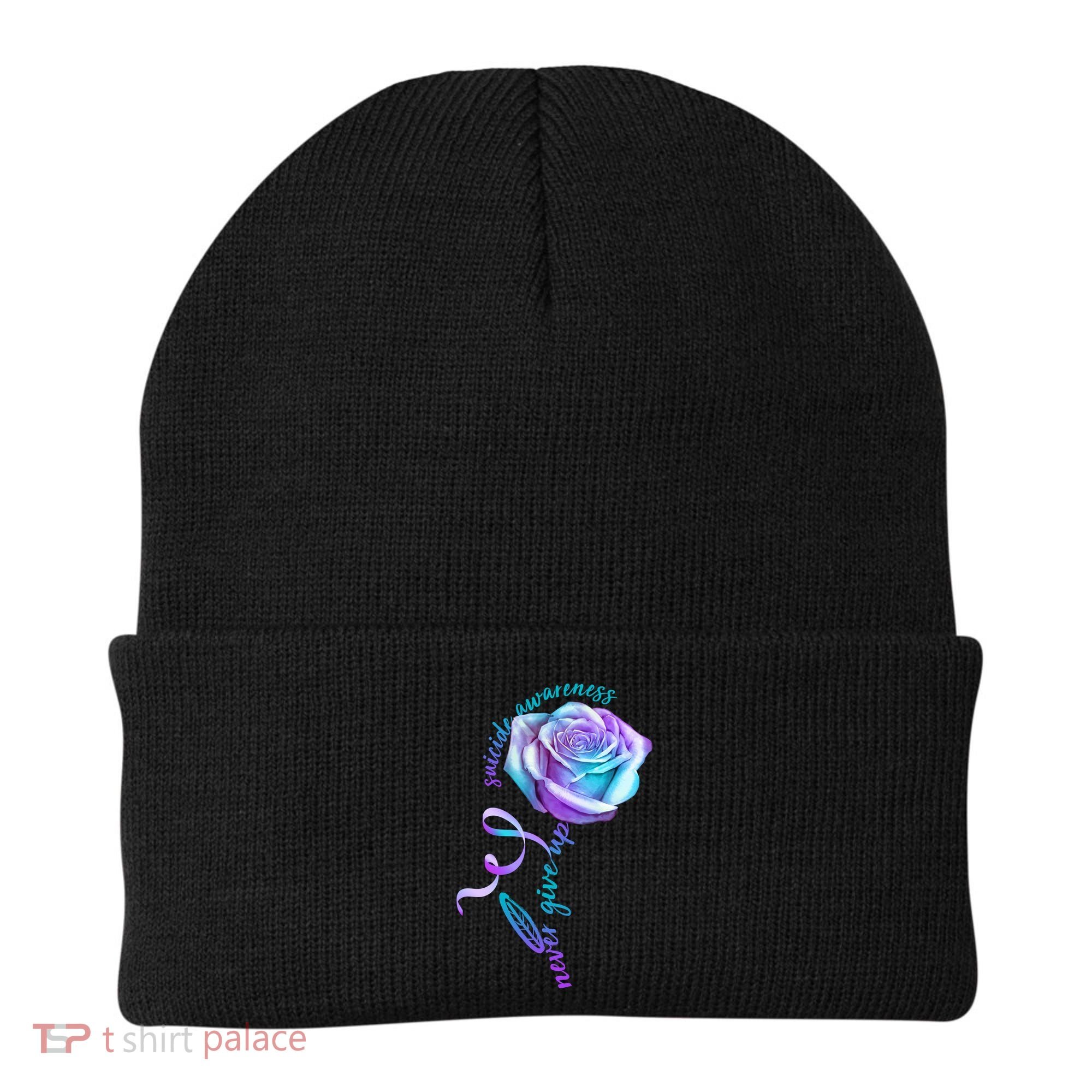 Never Give Up Suicide Awareness Ribbon Rose Beanie