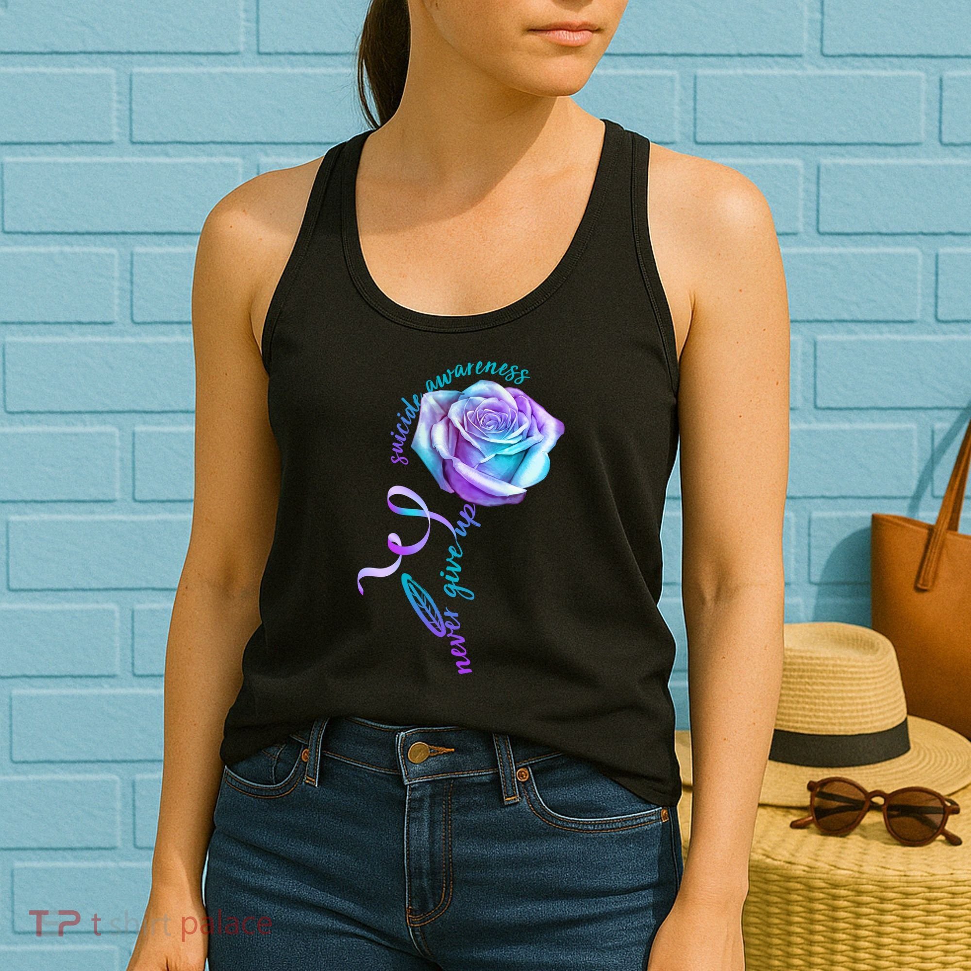 Never Give Up Suicide Awareness Ribbon Rose Women's Tank Top