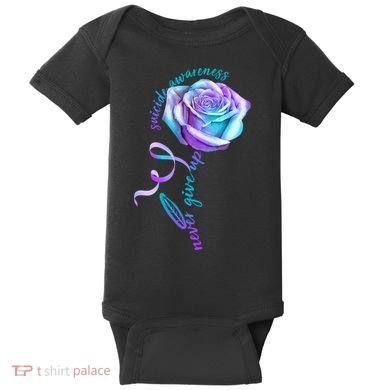 Never Give Up Suicide Awareness Ribbon Rose Baby Bodysuit