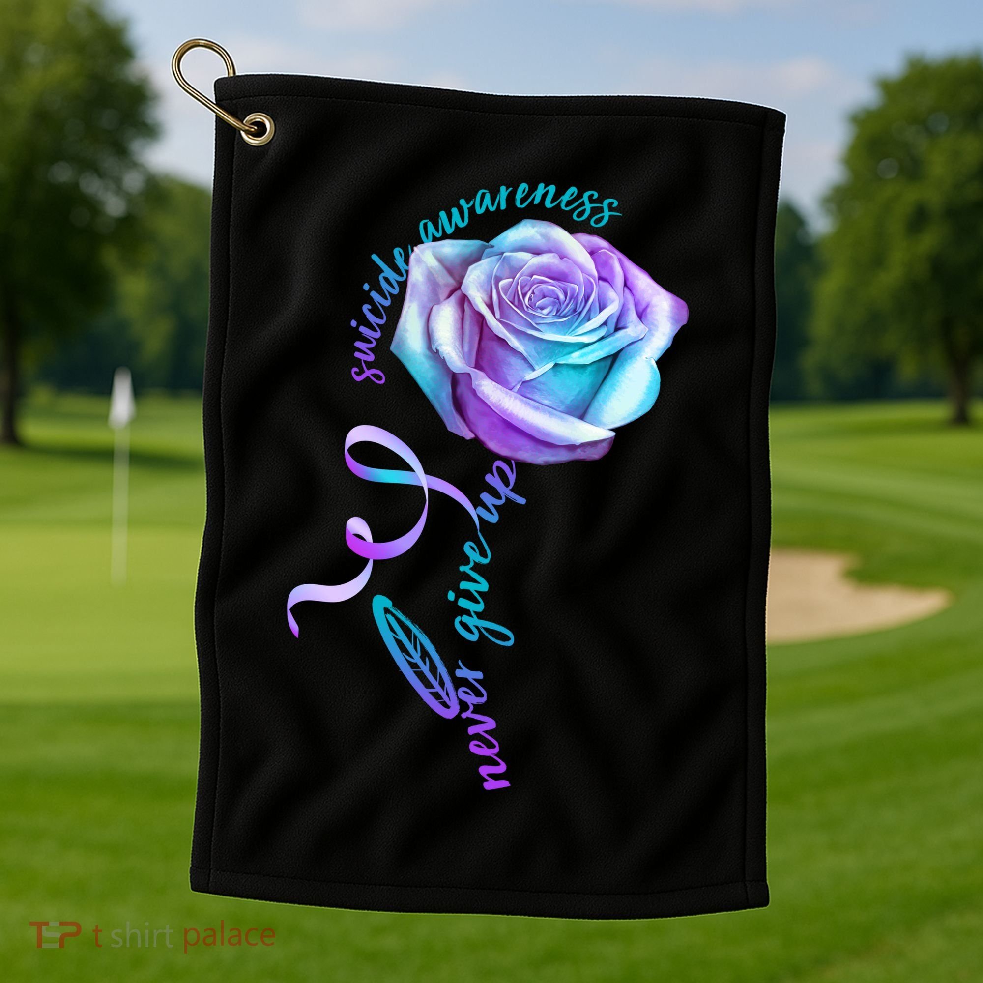 Never Give Up Suicide Awareness Ribbon Rose Golf Towel
