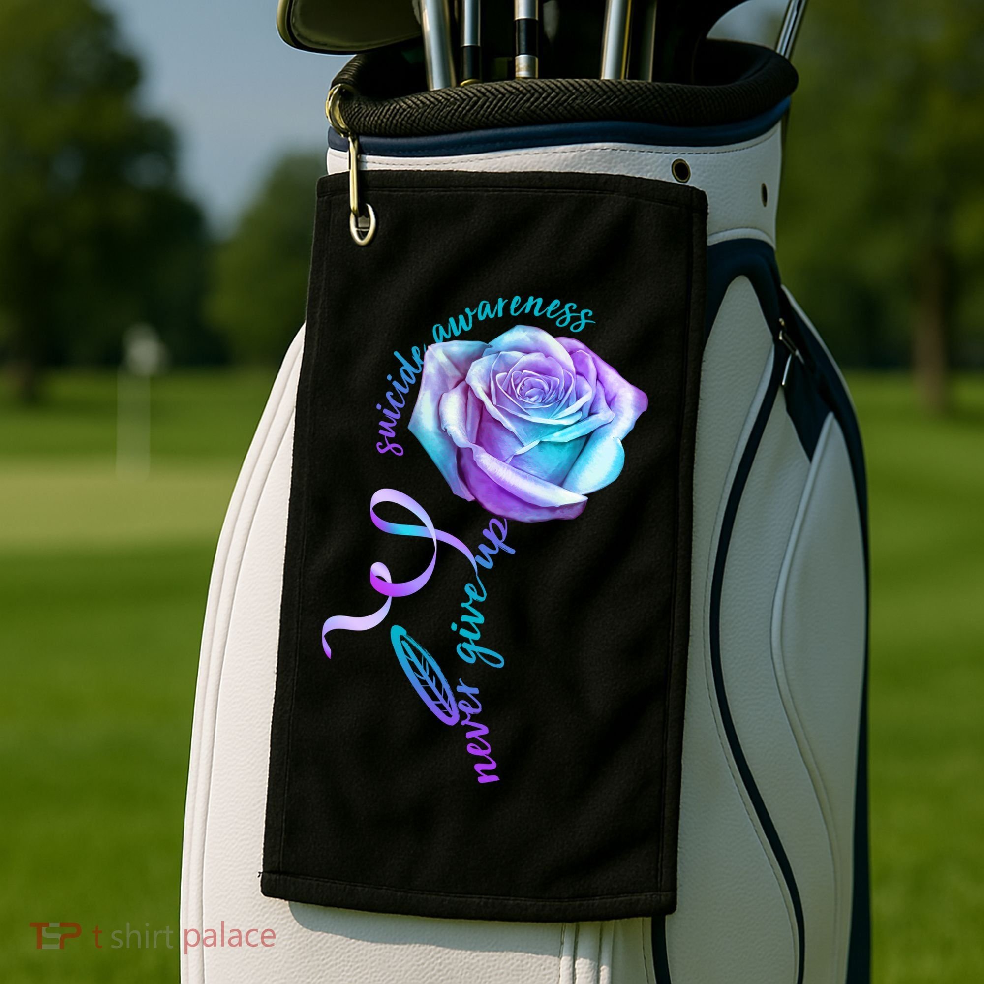 Never Give Up Suicide Awareness Ribbon Rose Golf Towel