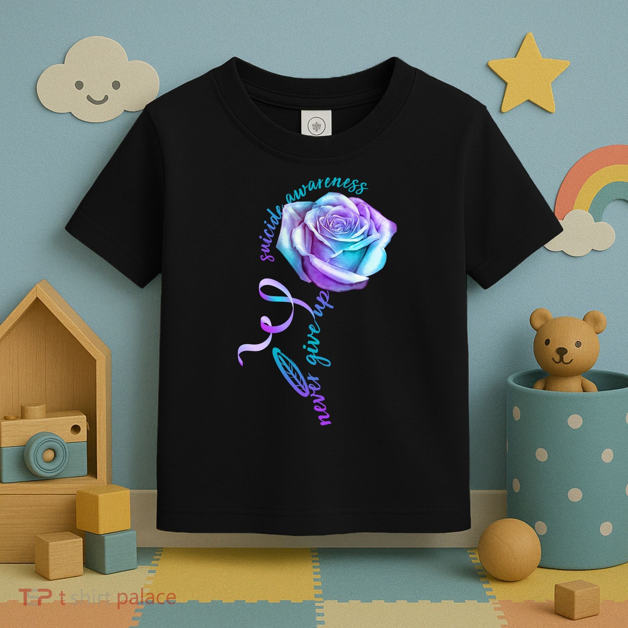 Never Give Up Suicide Awareness Ribbon Rose Toddler T-Shirt