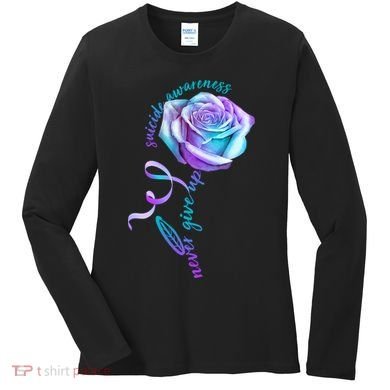 Never Give Up Suicide Awareness Ribbon Rose Women's Long Sleeve Shirt