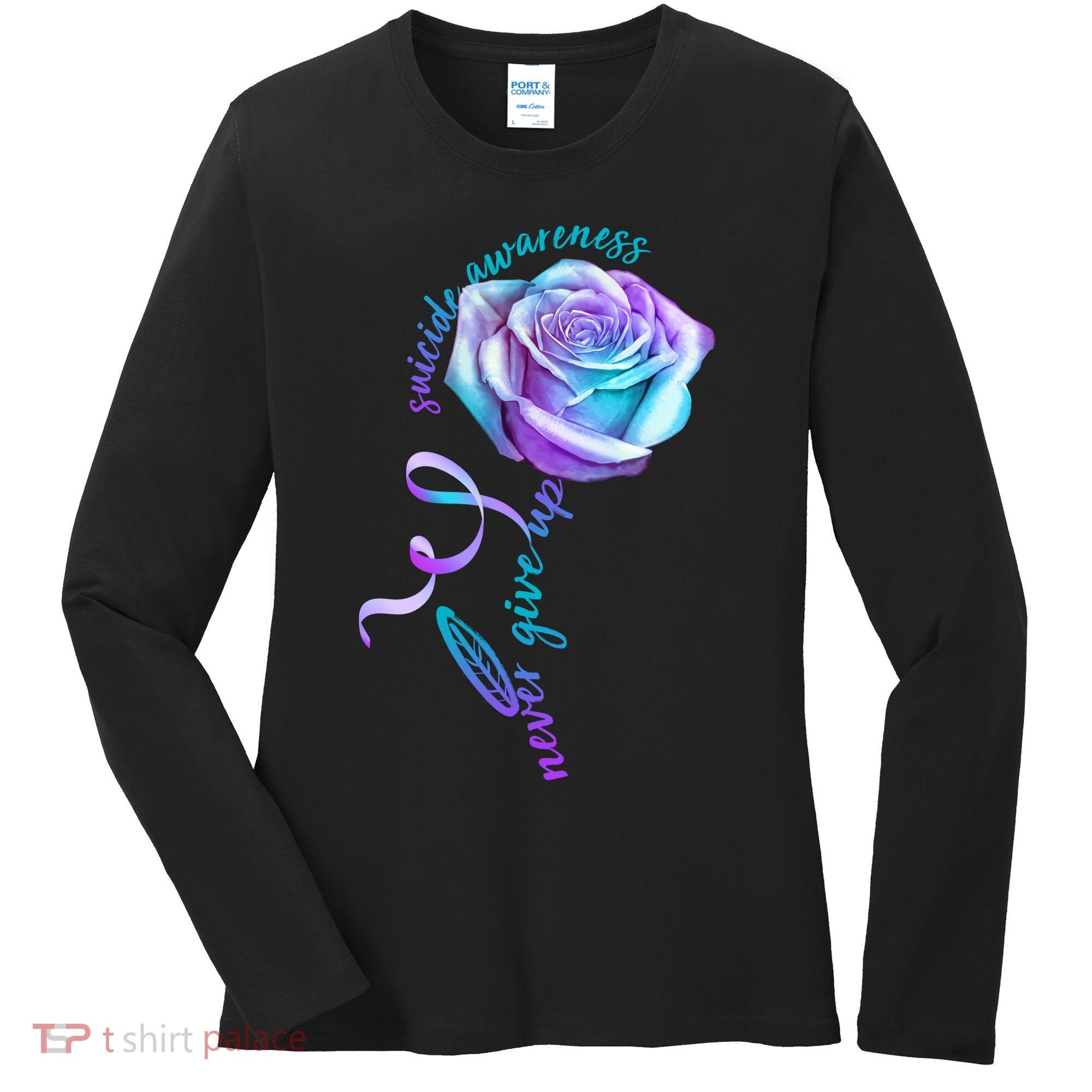 Never Give Up Suicide Awareness Ribbon Rose Women's Long Sleeve Shirt