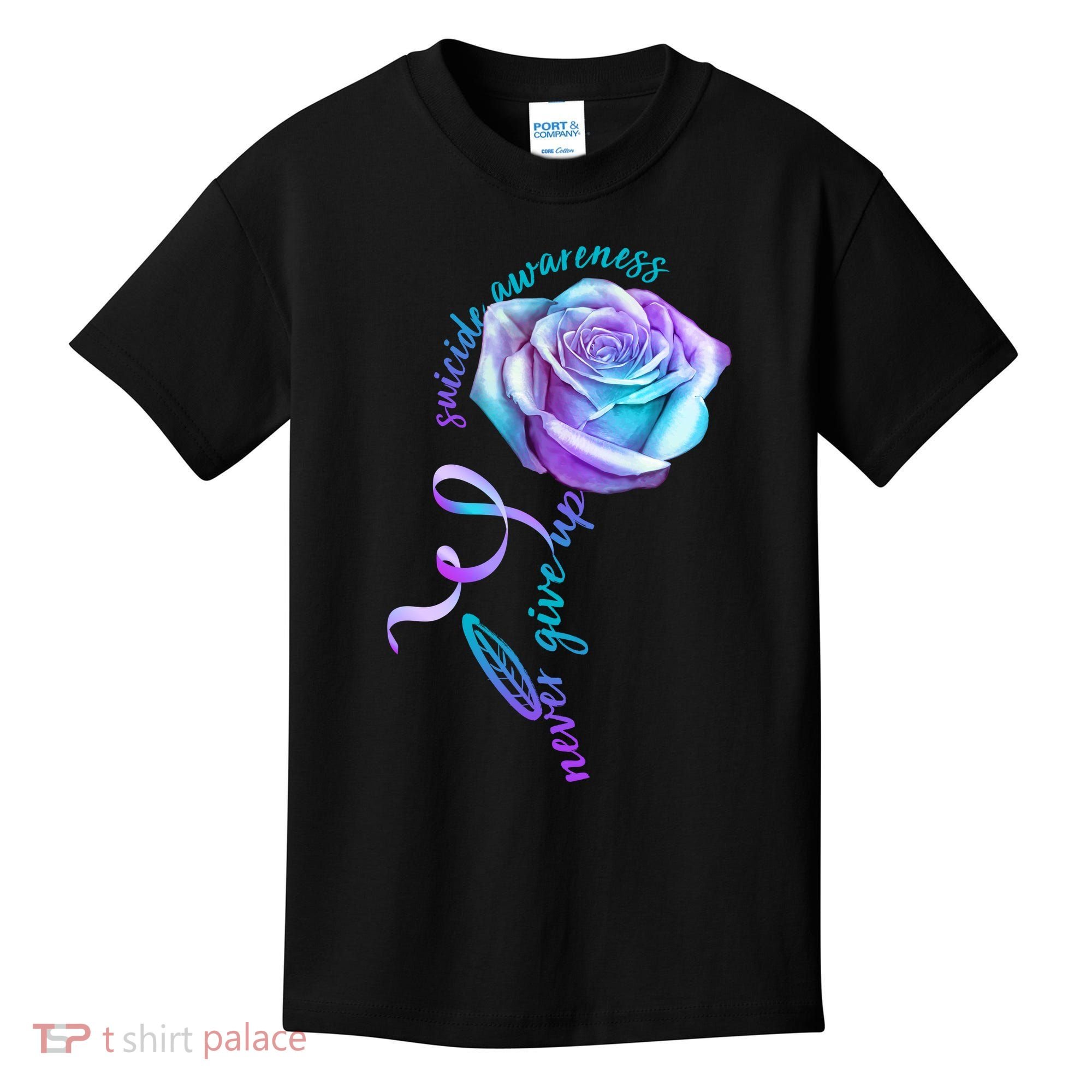Never Give Up Suicide Awareness Ribbon Rose Kids T-Shirt