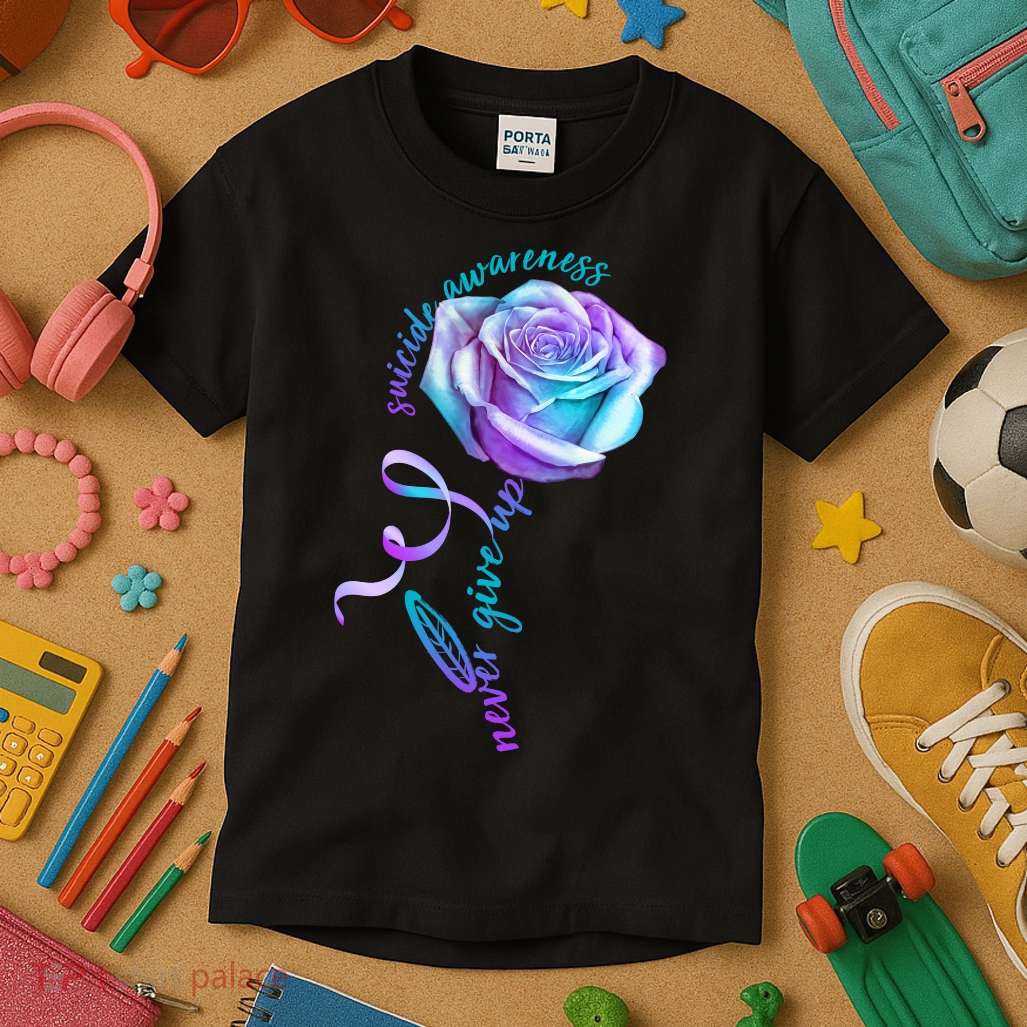 Never Give Up Suicide Awareness Ribbon Rose Kids T-Shirt