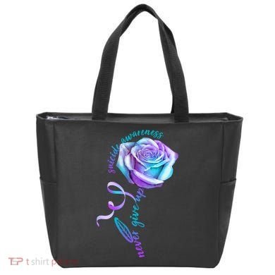 Never Give Up Suicide Awareness Ribbon Rose Tote Bag