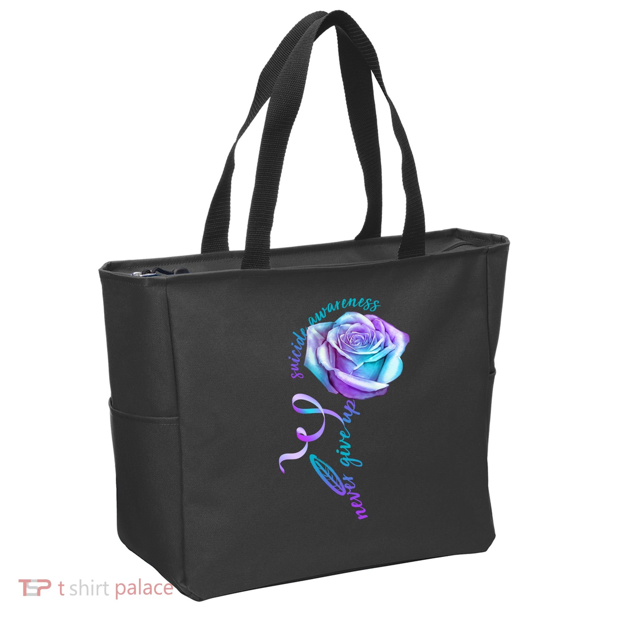 Never Give Up Suicide Awareness Ribbon Rose Tote Bag