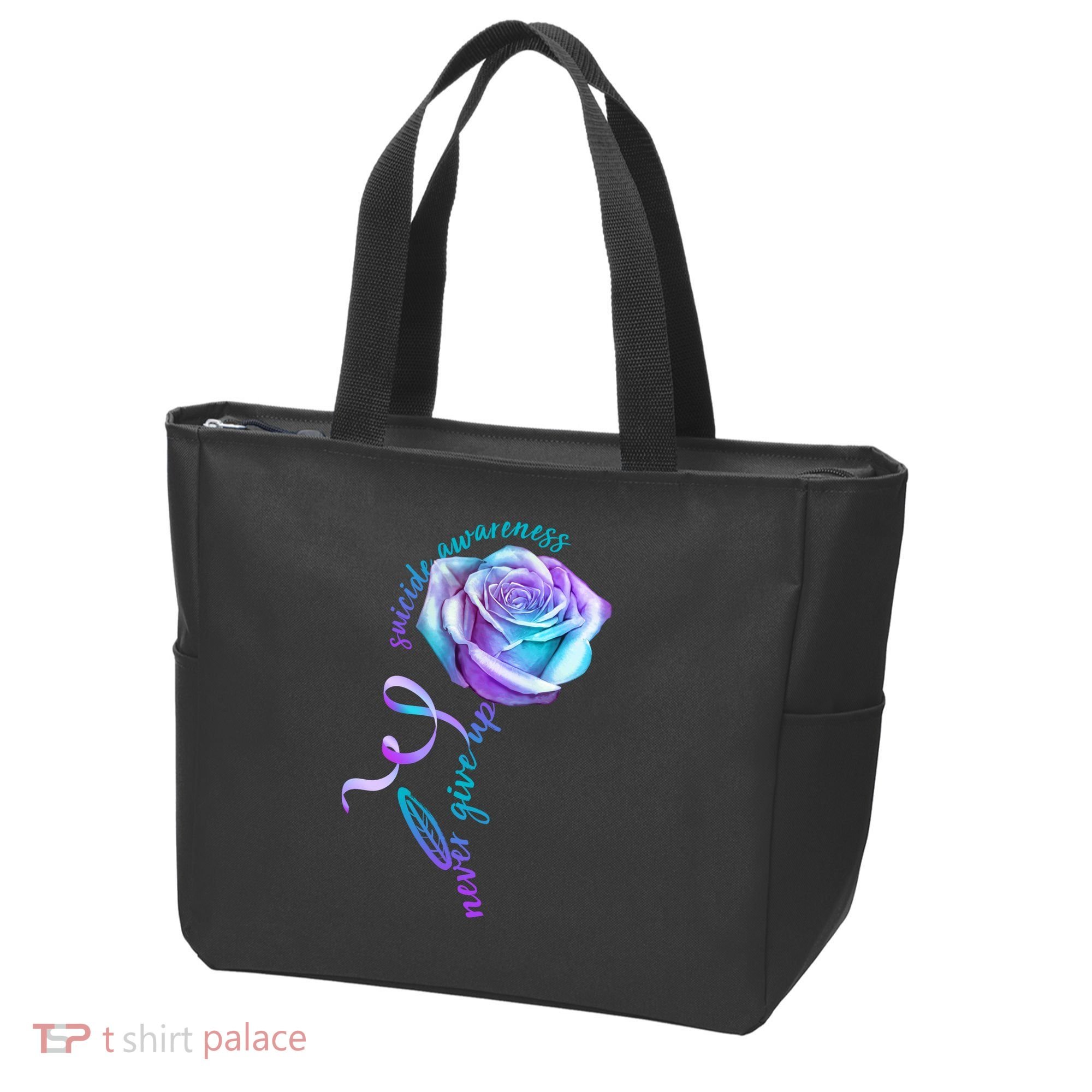 Never Give Up Suicide Awareness Ribbon Rose Tote Bag