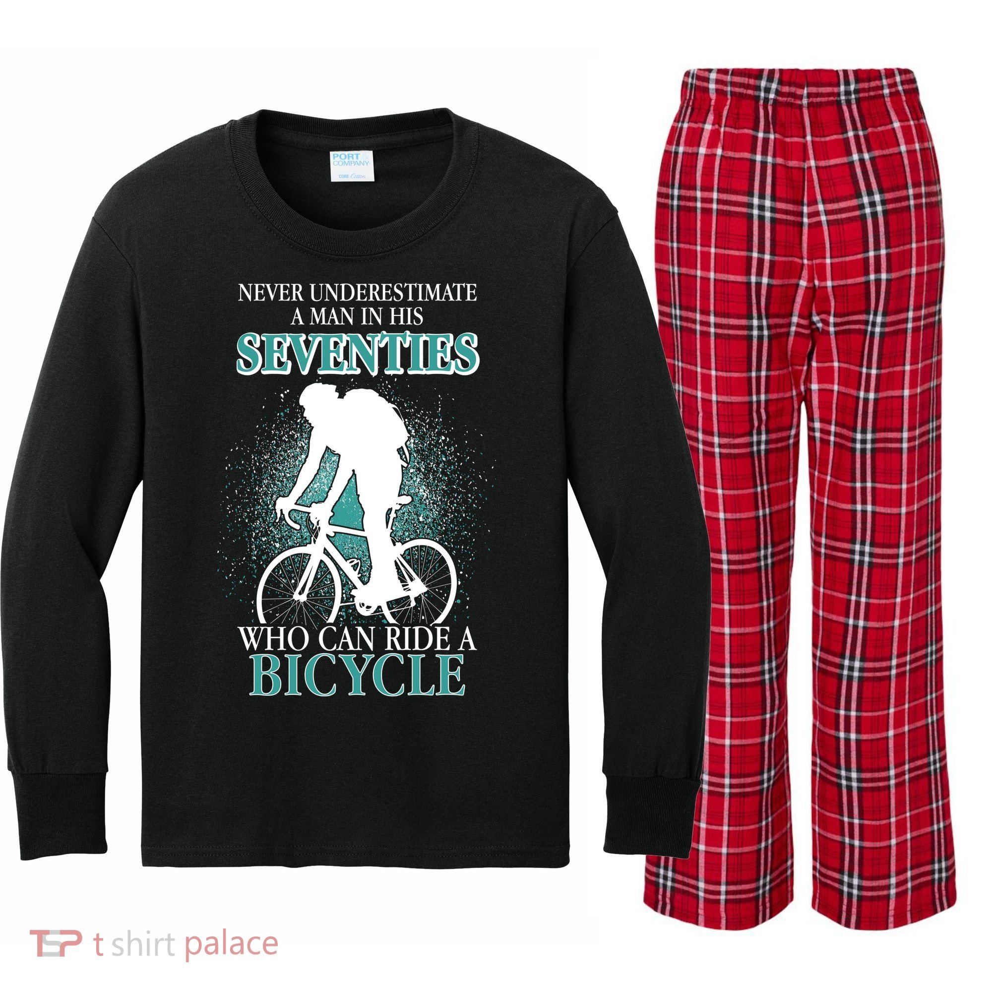 Never Underestimate A Man In His Seventies Who Can Ride A Bicycle Kids Long Sleeve Plaid Pajama Set