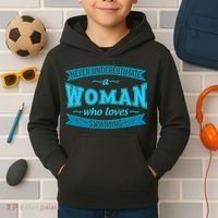 Never Underestimate A Woman Who Loves Swimming Kids Hoodie thumb 2