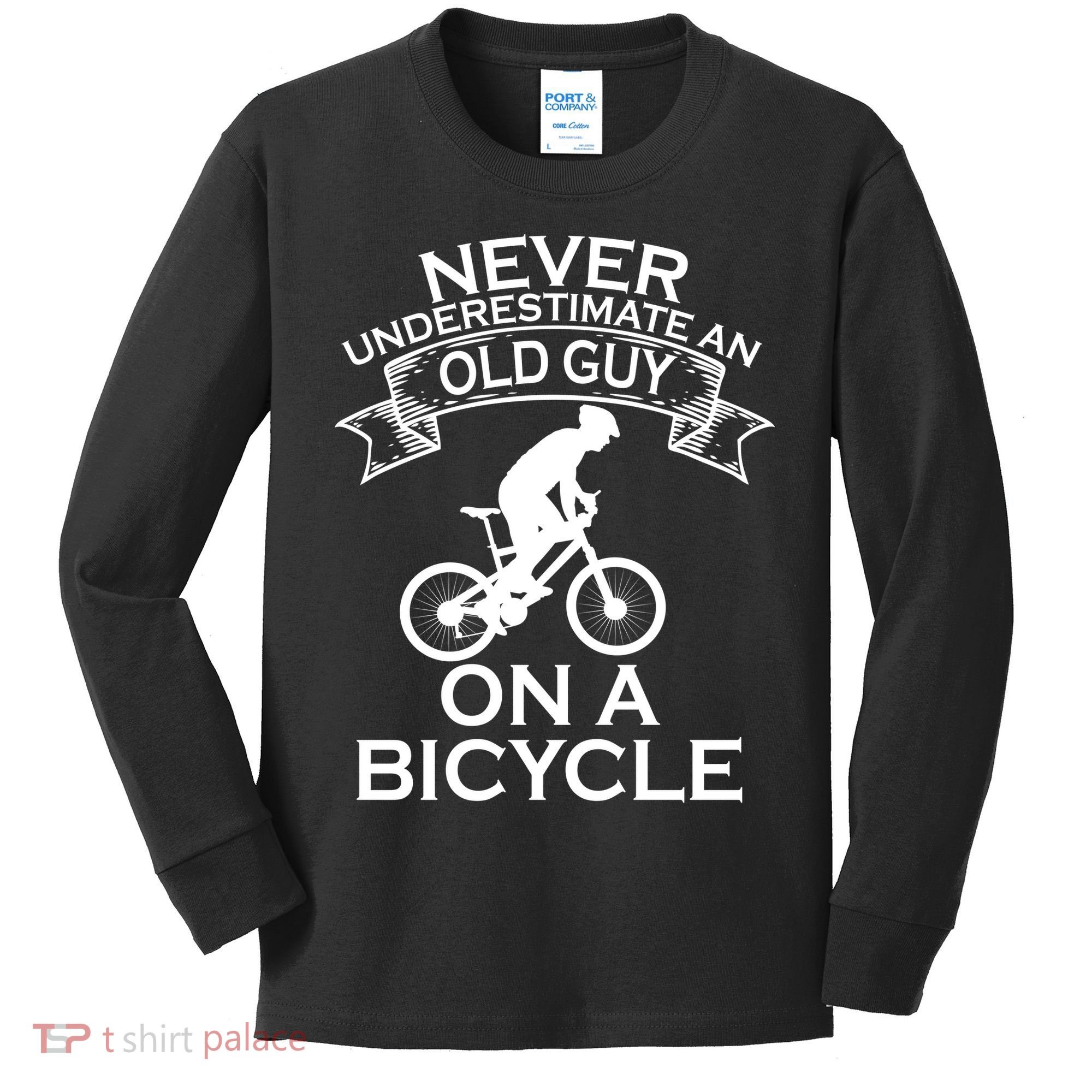 Never Underestimate An Old Guy On A Bike Kids Long Sleeve Shirt