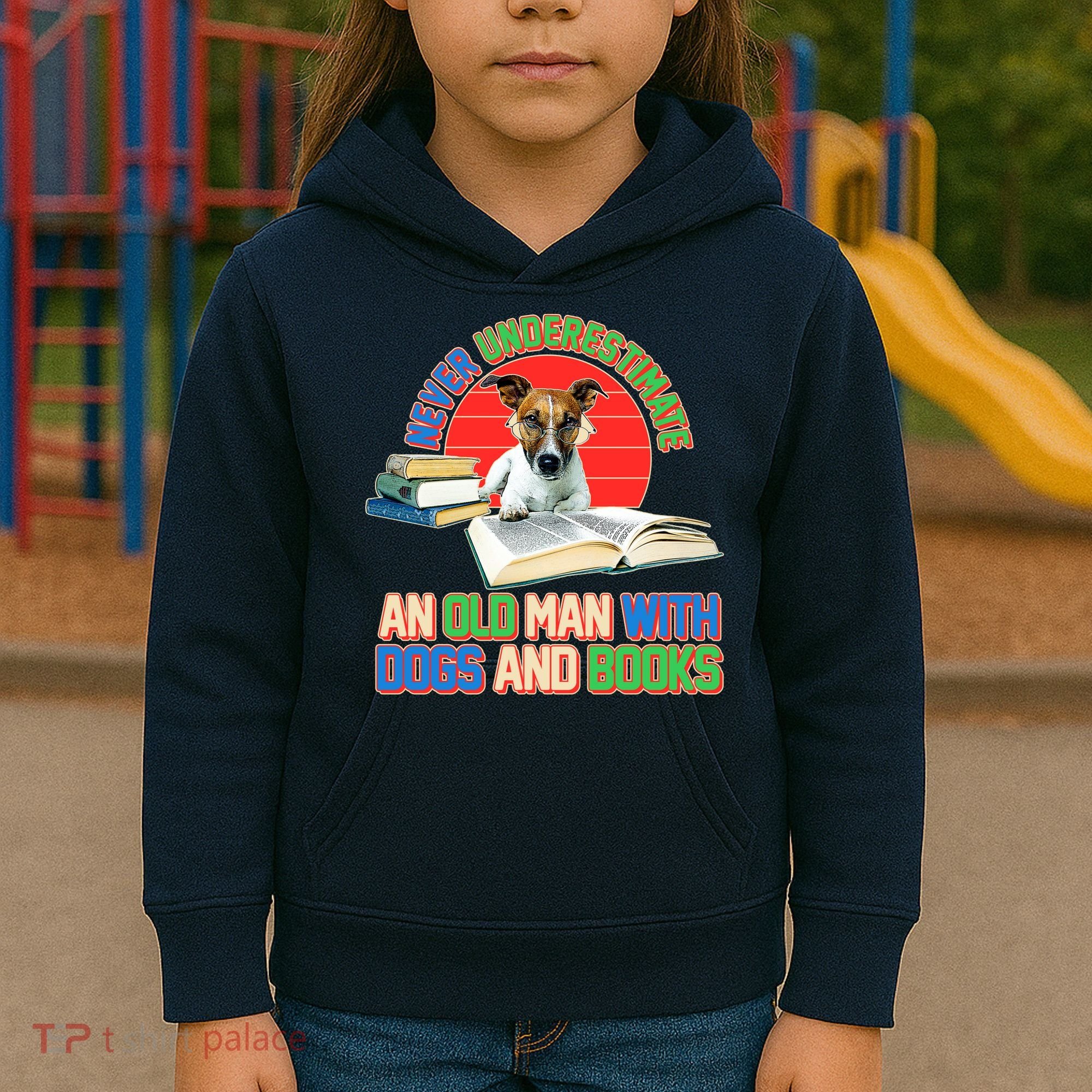 Never Underestimate An Old Man With Dogs And Books Kids Hoodie