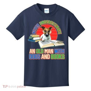 Never Underestimate An Old Man With Dogs And Books Kids T-Shirt