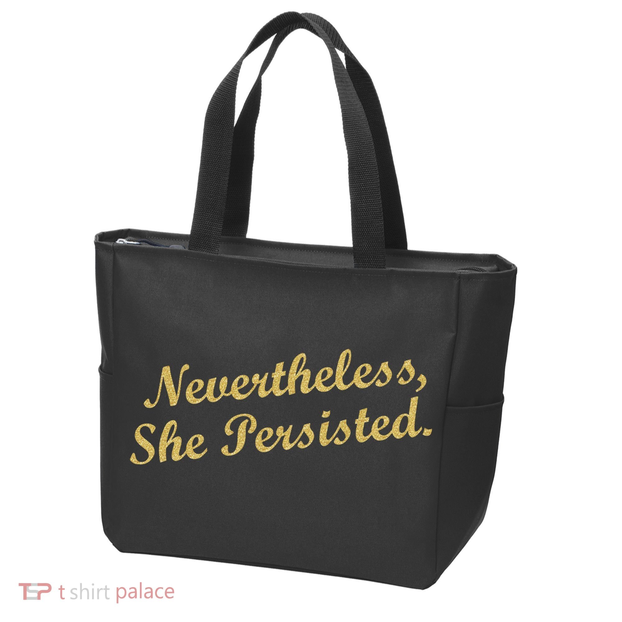 Nevertheless, She Persisted. Script Gold Glitter Print Tote Bag