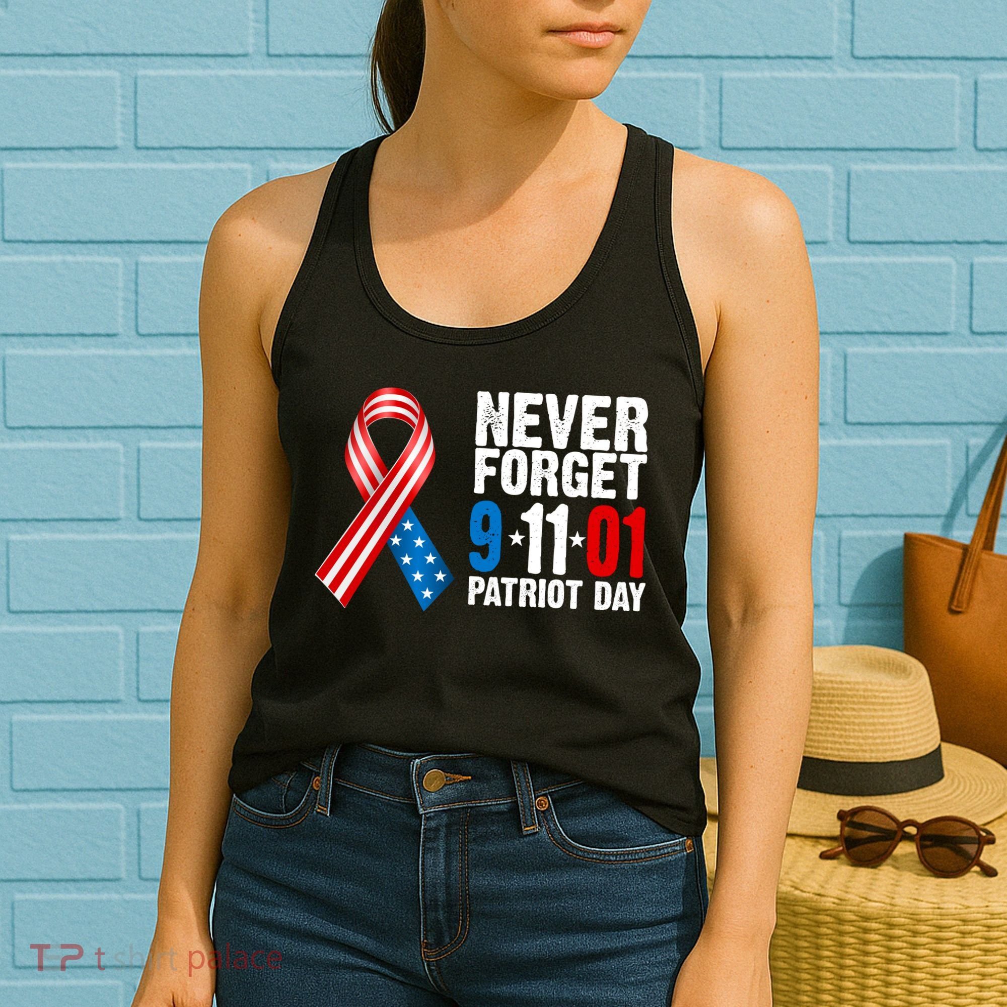 Never Forget 9.11.01 USA Ribbon Patriot Day Women's Tank Top