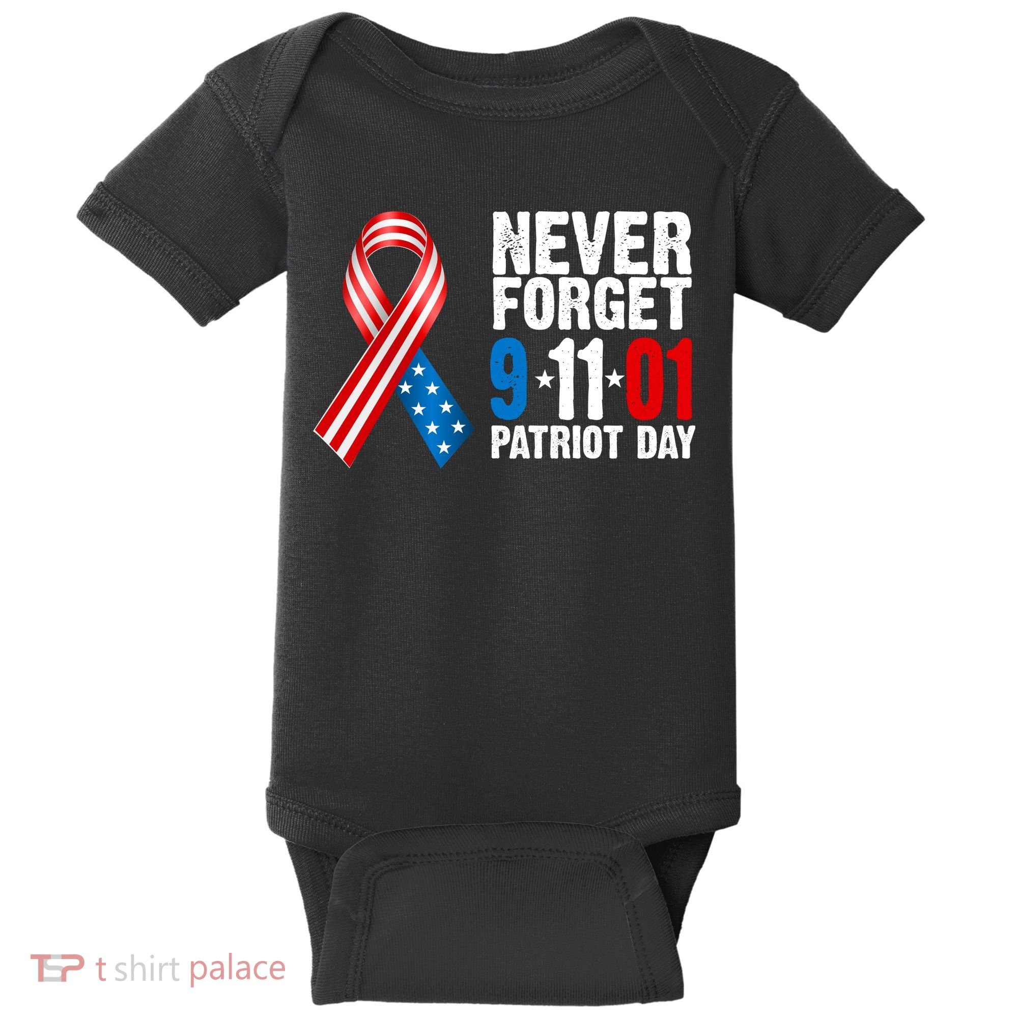 Never Forget 9.11.01 USA Ribbon Patriot Day Baby Bodysuit