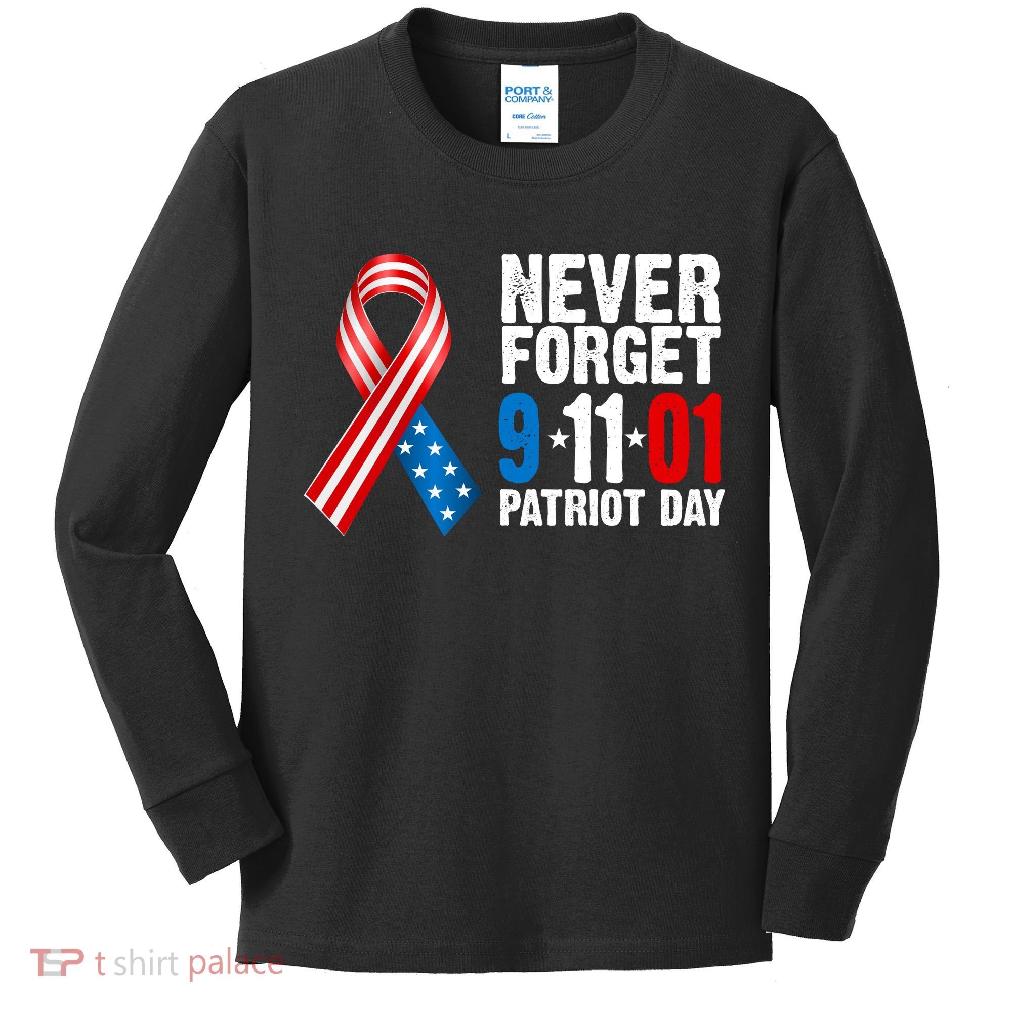 Never Forget 9.11.01 USA Ribbon Patriot Day Kids Long Sleeve Shirt