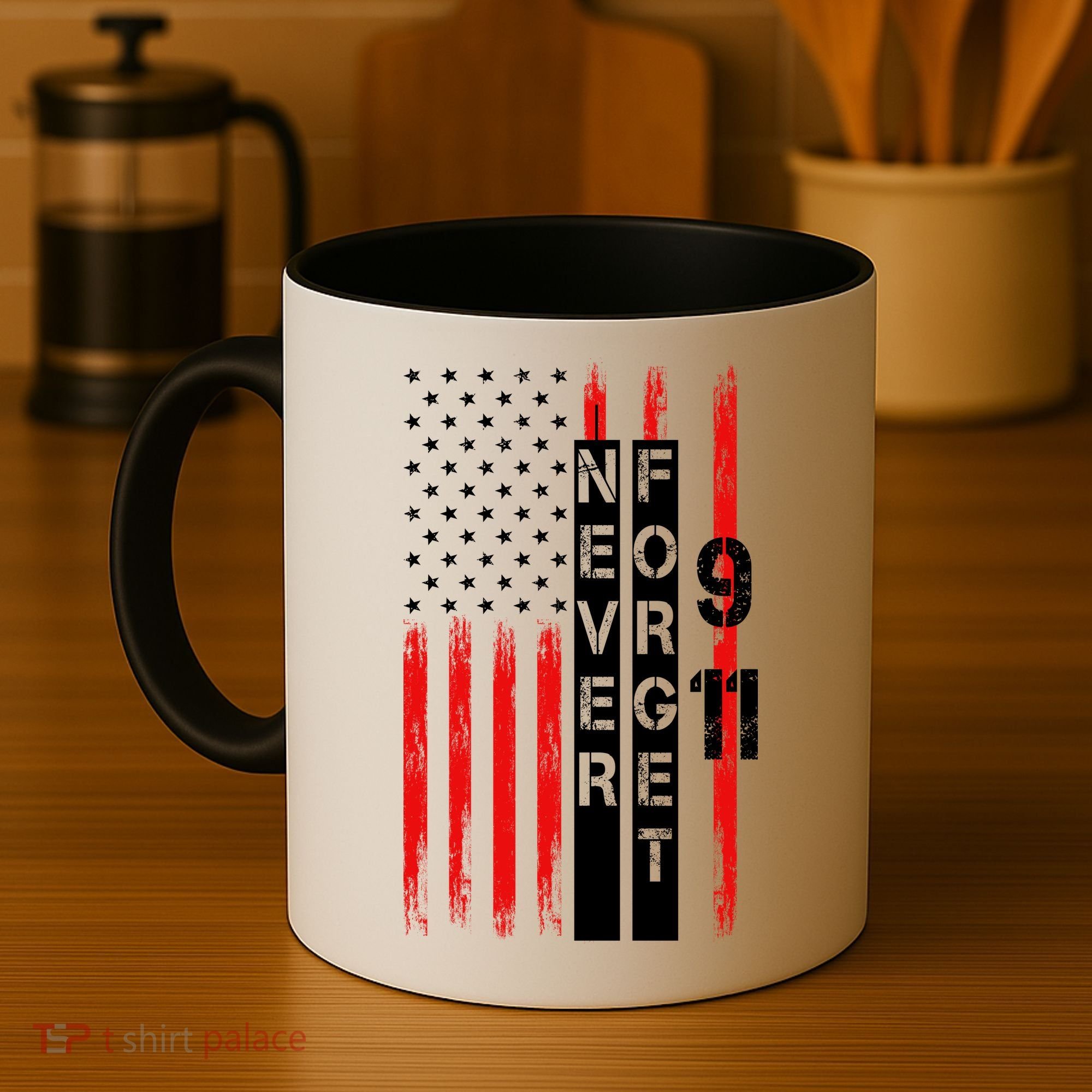 Never Forget 9 11 Nine Eleven Memorial Distressed US American Flag Coffee Mug