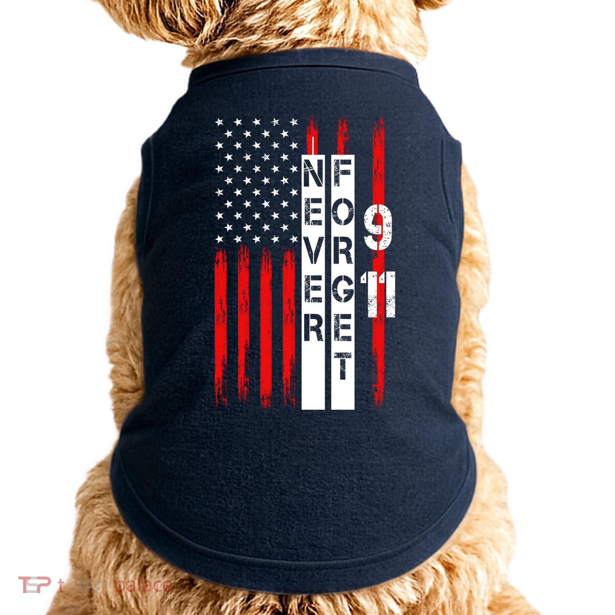 Never Forget 9 11 Nine Eleven Memorial Distressed US American Flag Doggie Tank
