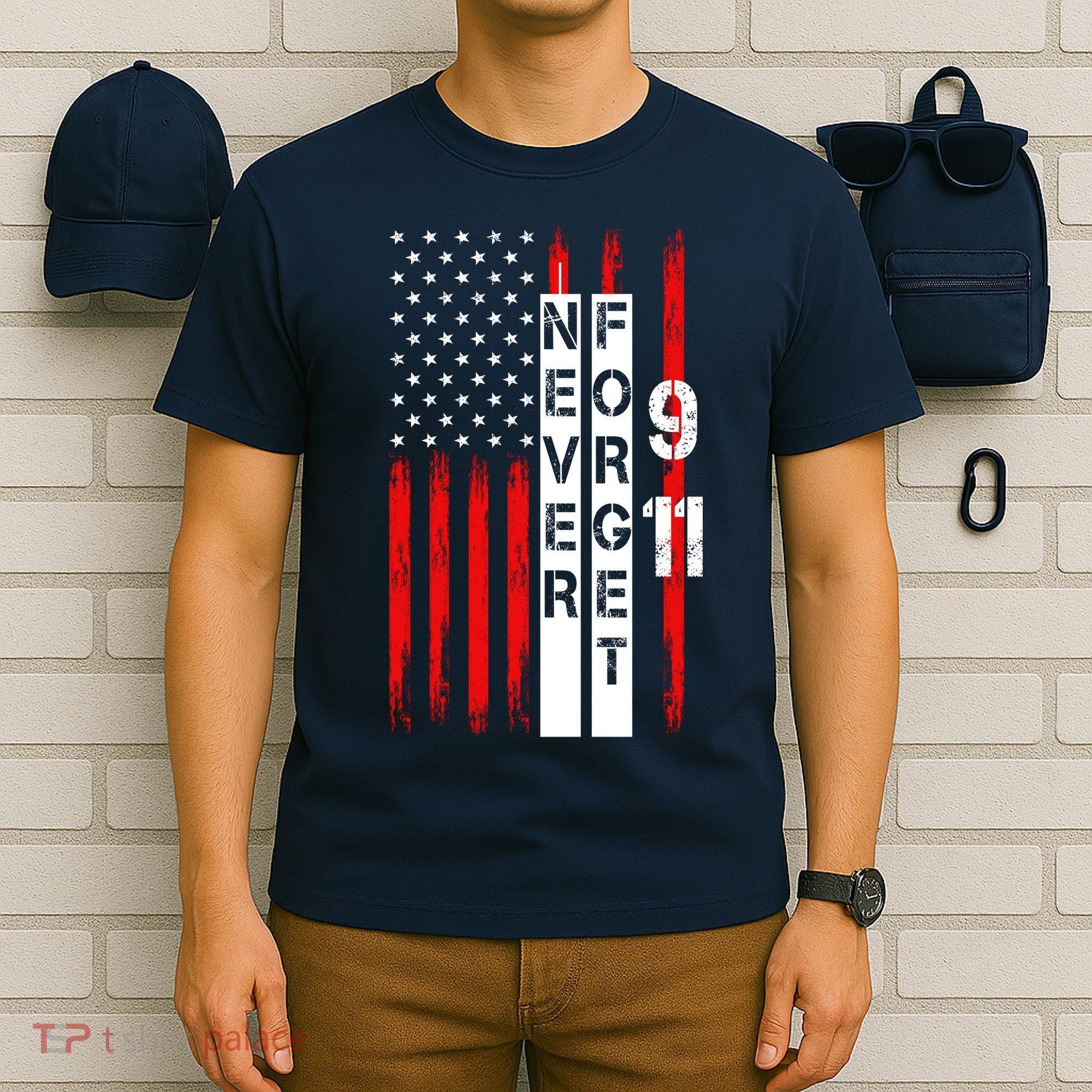 Never Forget 9 11 Nine Eleven Memorial Distressed US American Flag T-Shirt