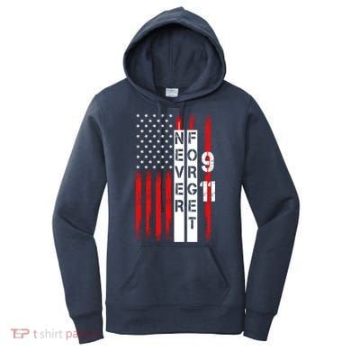 Never Forget 9 11 Nine Eleven Memorial Distressed US American Flag Women's Hoodie