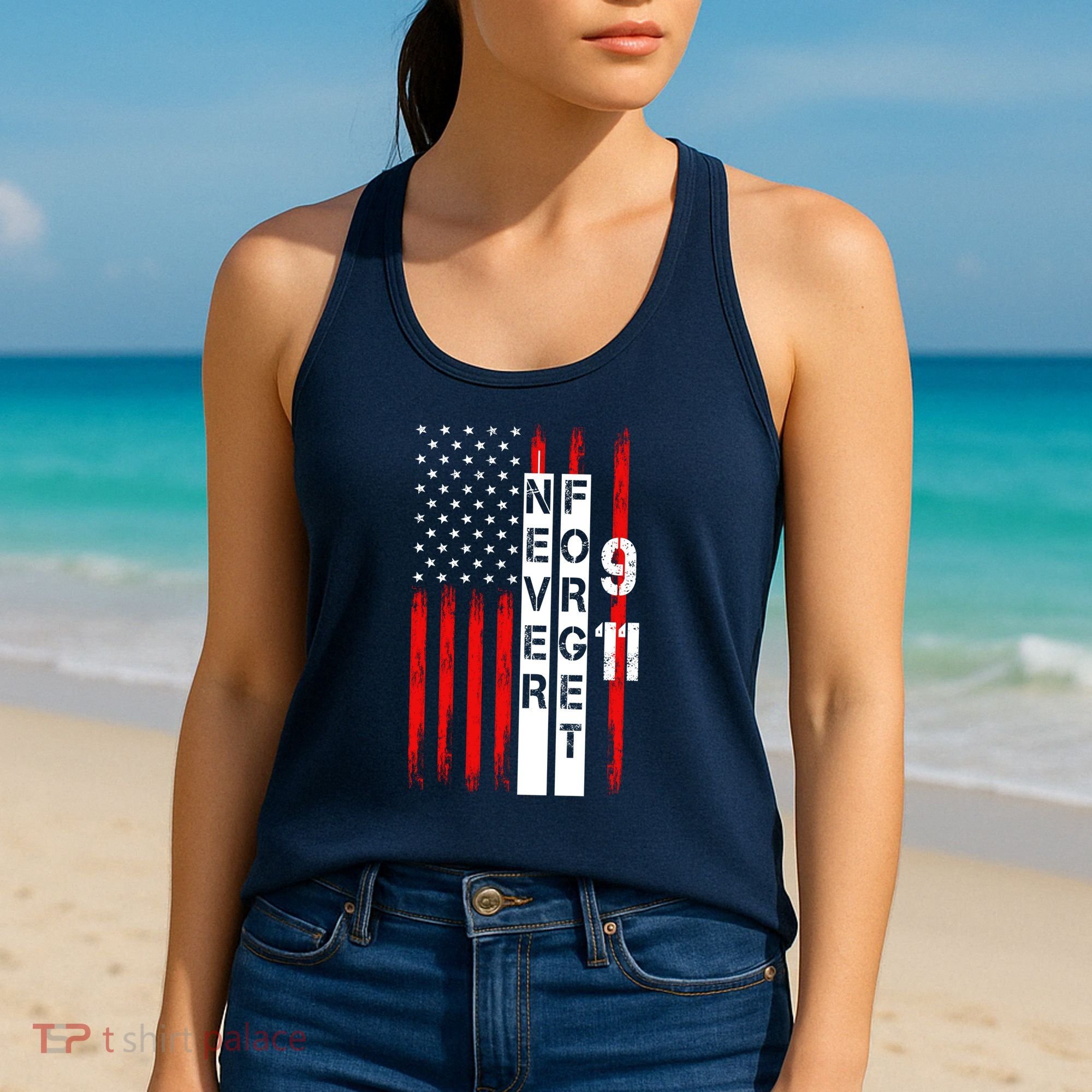 Never Forget 9 11 Nine Eleven Memorial Distressed US American Flag Women's Tank Top