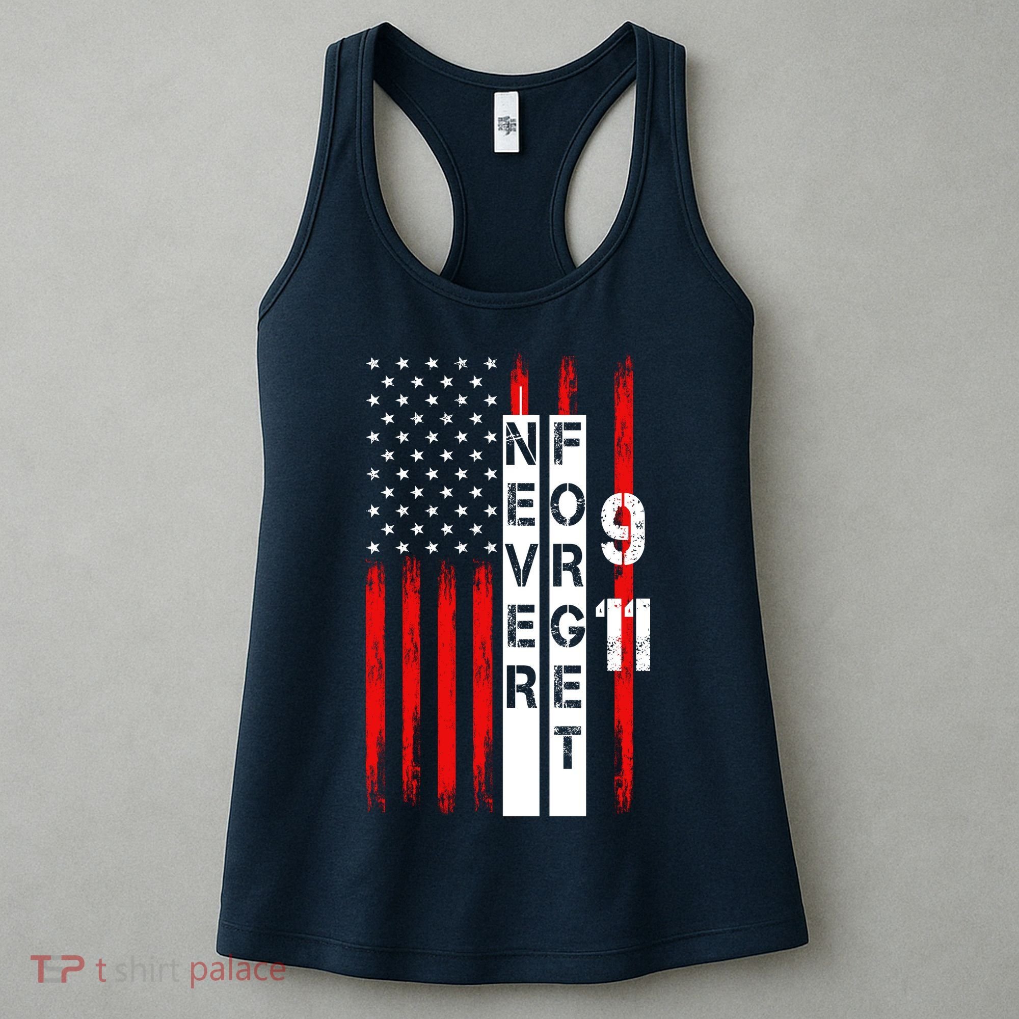 Never Forget 9 11 Nine Eleven Memorial Distressed US American Flag Women's Tank Top