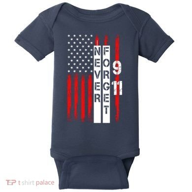 Never Forget 9 11 Nine Eleven Memorial Distressed US American Flag Baby Bodysuit