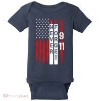 Never Forget 9 11 Nine Eleven Memorial Distressed US American Flag Baby Bodysuit thumb 0