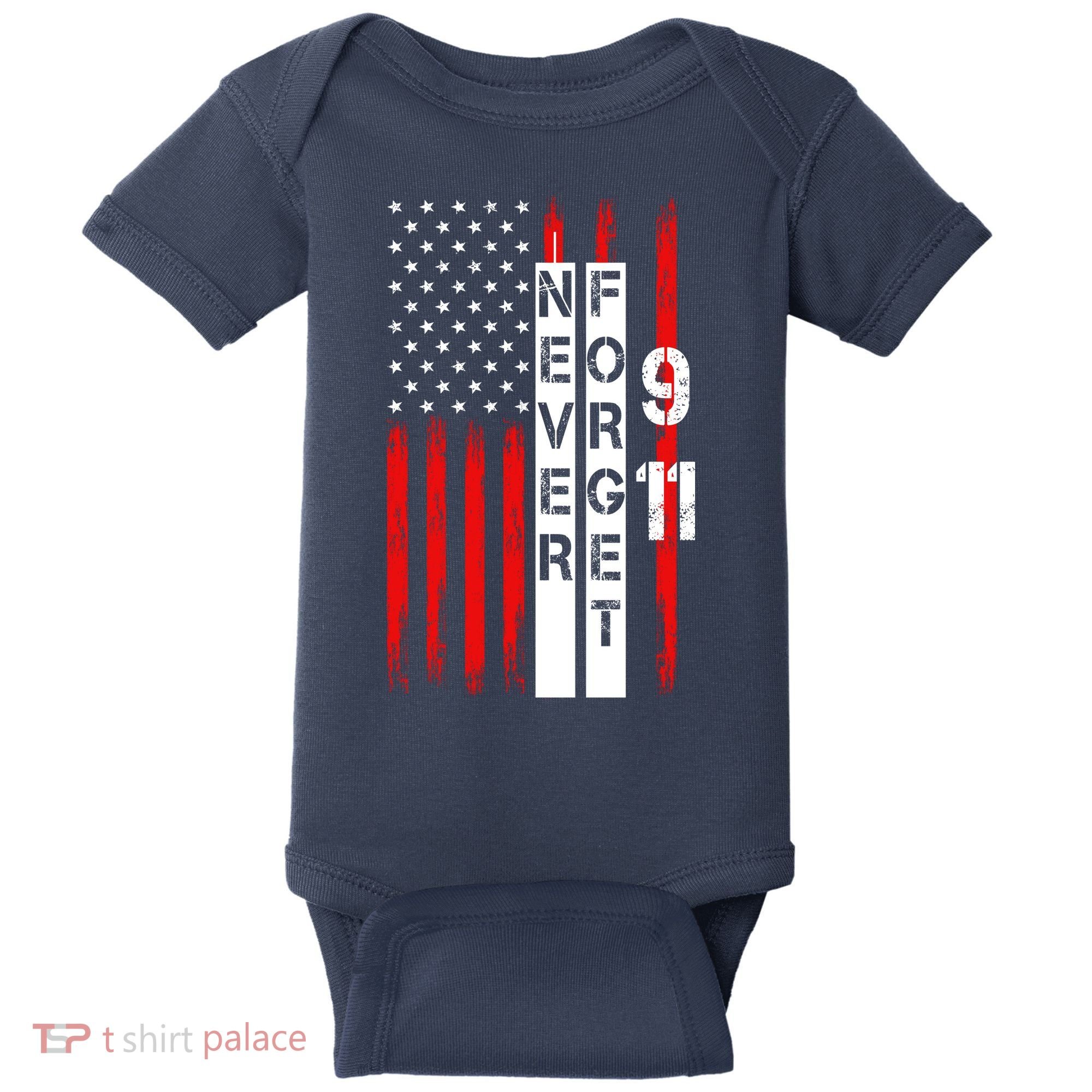 Never Forget 9 11 Nine Eleven Memorial Distressed US American Flag Baby Bodysuit