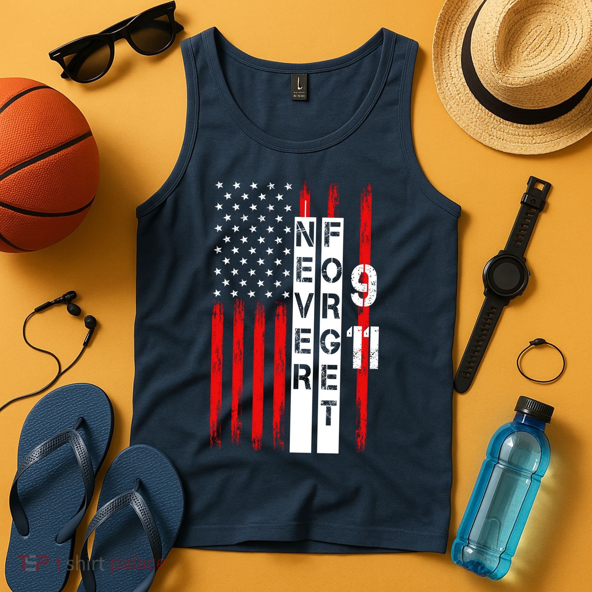 Never Forget 9 11 Nine Eleven Memorial Distressed US American Flag Tank Top