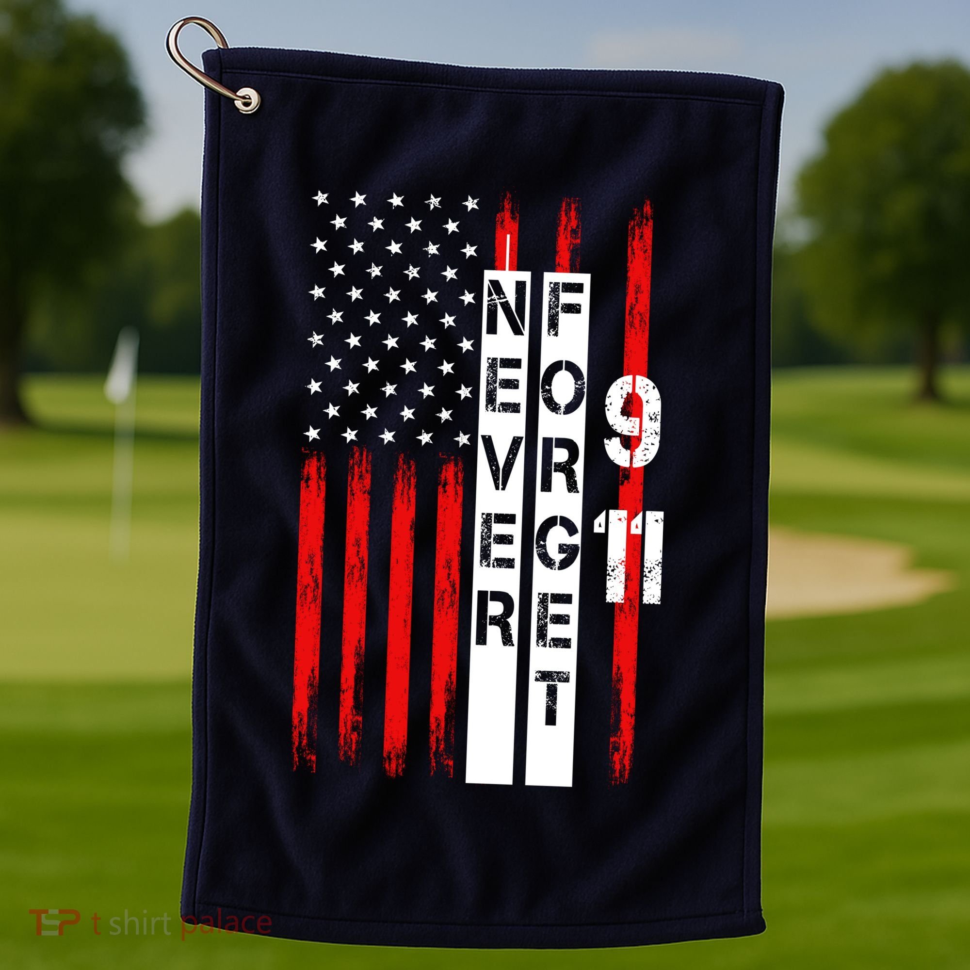 Never Forget 9 11 Nine Eleven Memorial Distressed US American Flag Golf Towel