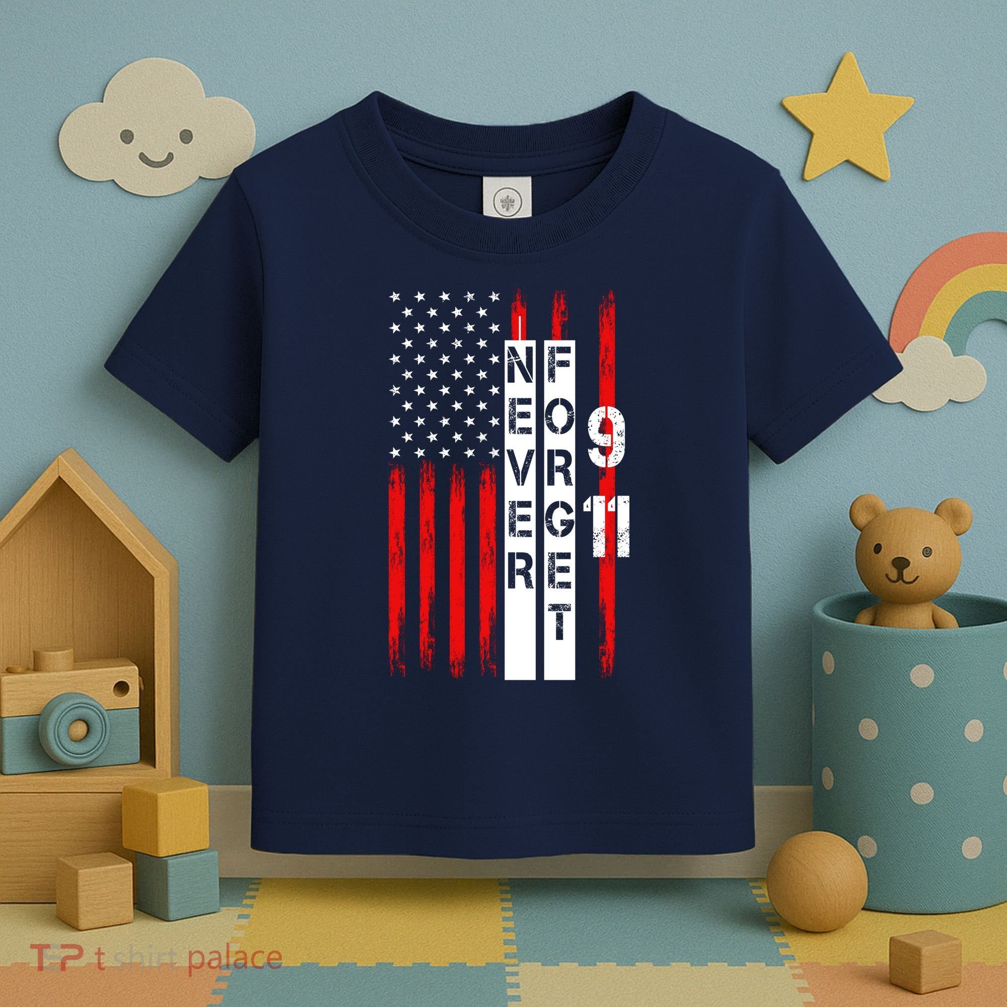 Never Forget 9 11 Nine Eleven Memorial Distressed US American Flag Toddler T-Shirt