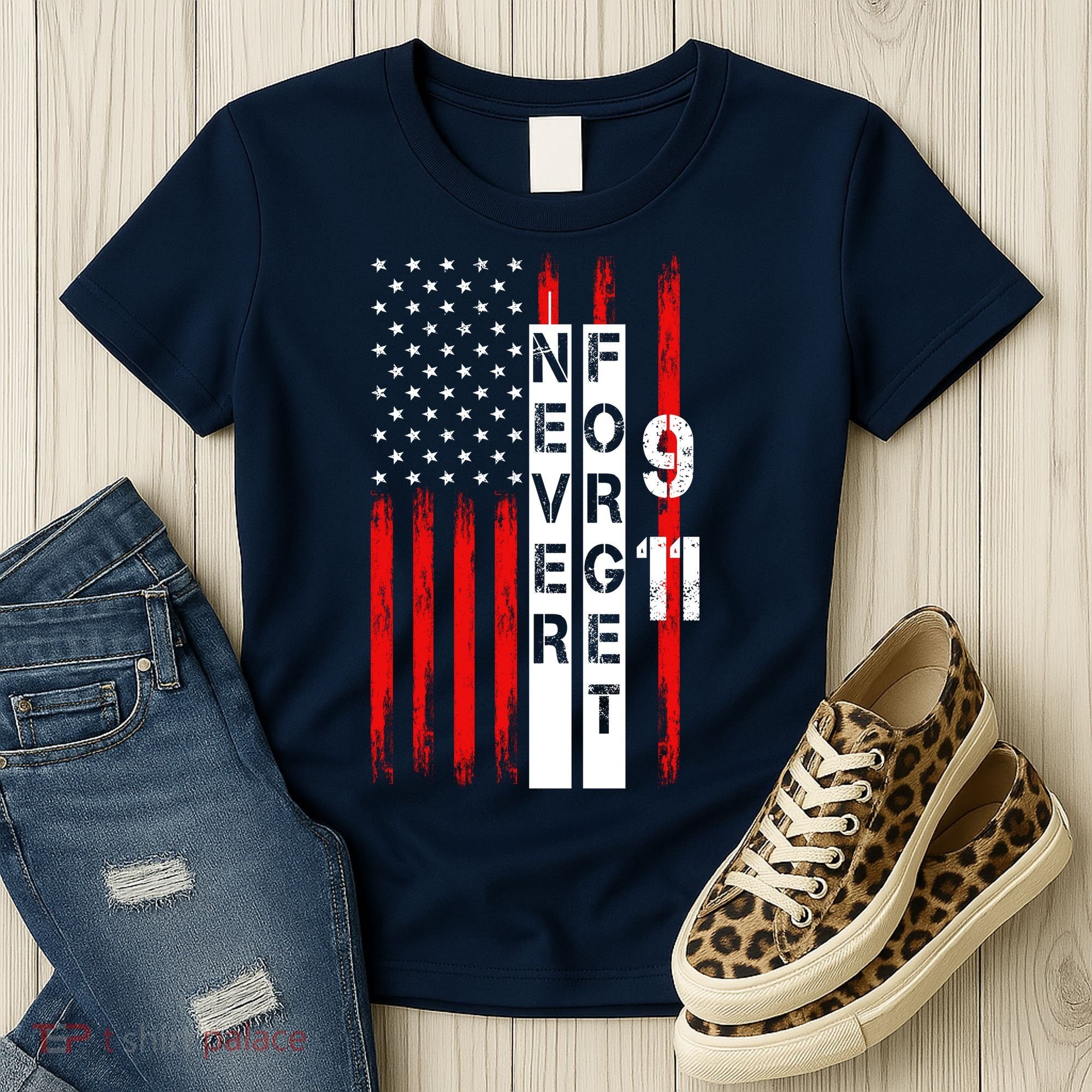 Never Forget 9 11 Nine Eleven Memorial Distressed US American Flag Women's T-Shirt