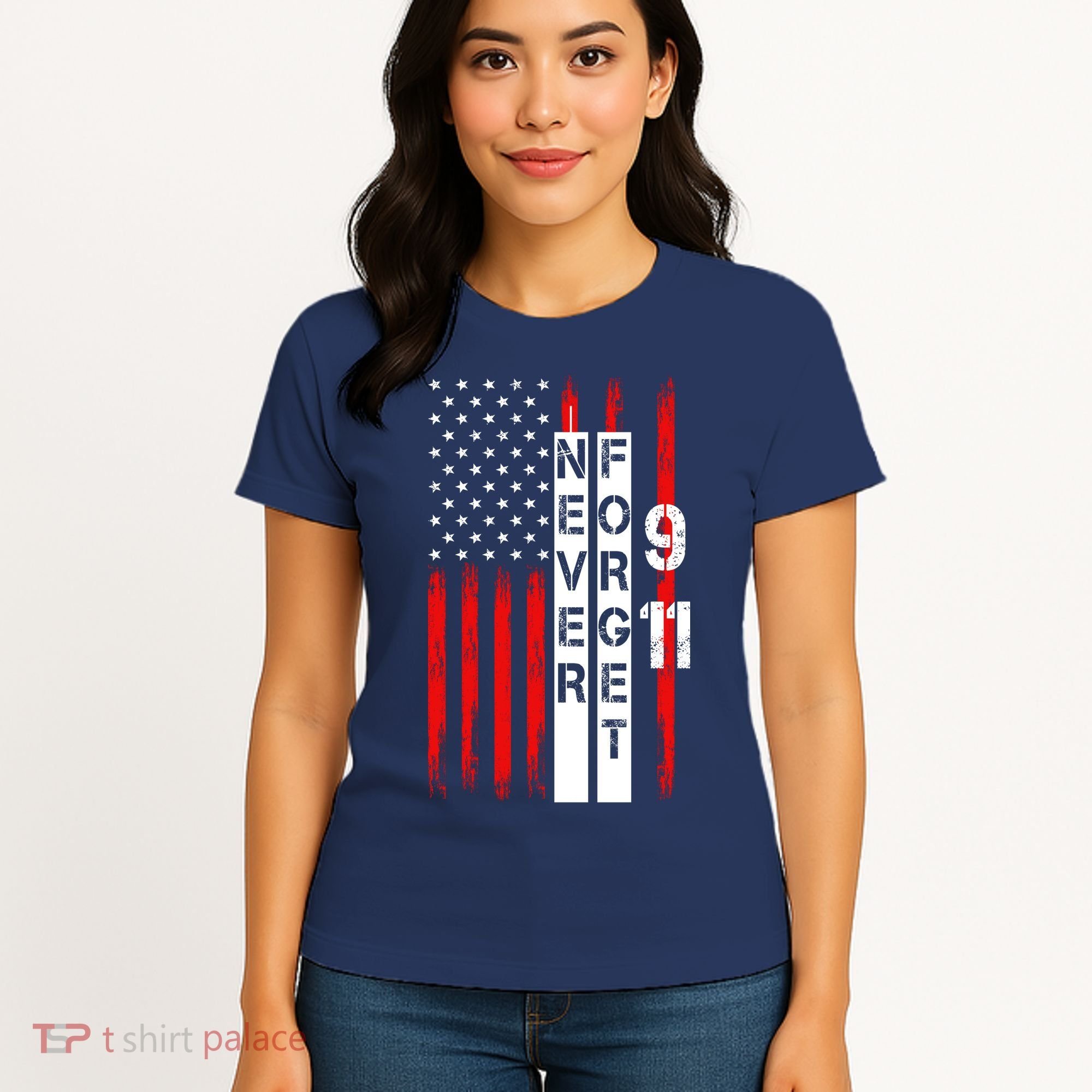 Never Forget 9 11 Nine Eleven Memorial Distressed US American Flag Women's T-Shirt
