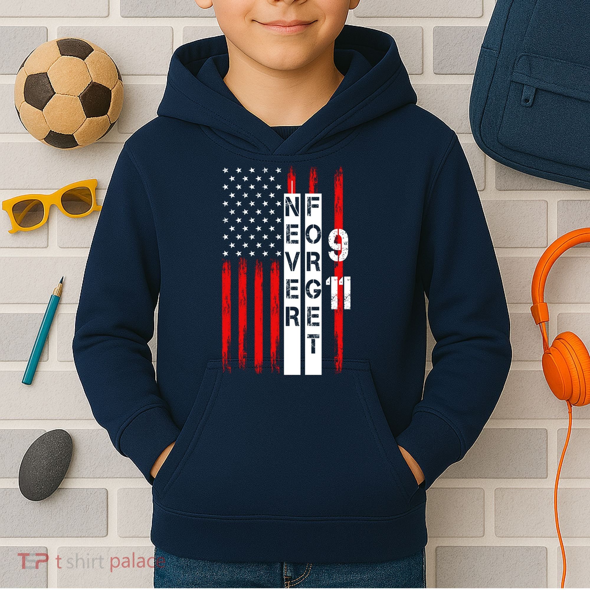 Never Forget 9 11 Nine Eleven Memorial Distressed US American Flag Kids Hoodie
