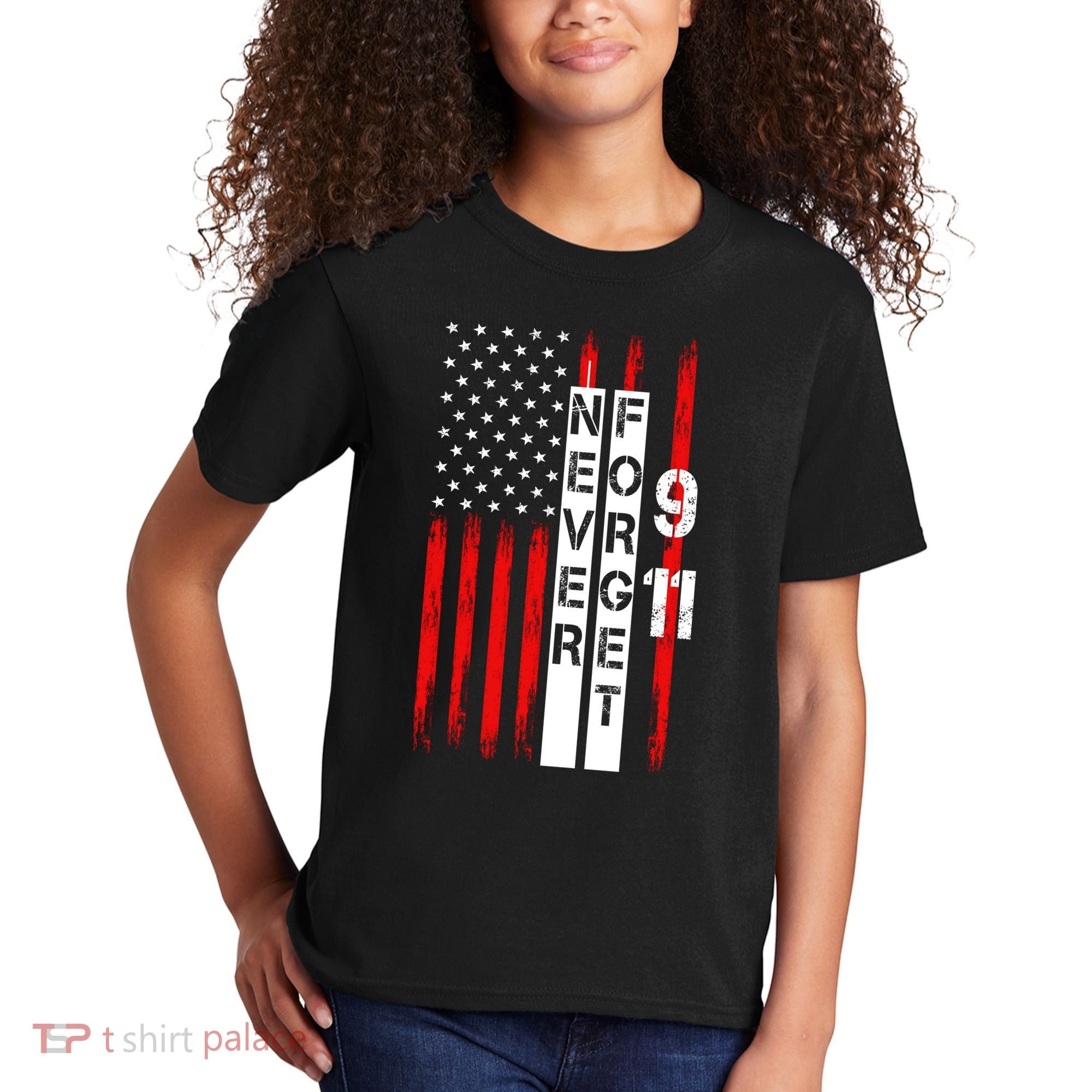 Never Forget 9 11 Nine Eleven Memorial Distressed US American Flag Kids T-Shirt