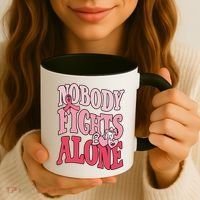 Nobody Fights Alone Breast Cancer Awareness Retro Groovy Coffee Mug thumb 3