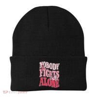 Nobody Fights Alone Breast Cancer Awareness Retro Groovy Beanie thumb 0