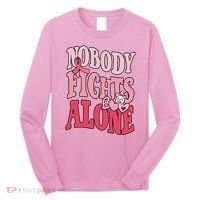 Nobody Fights Alone Breast Cancer Awareness Retro Groovy Long Sleeve Shirt thumb 0