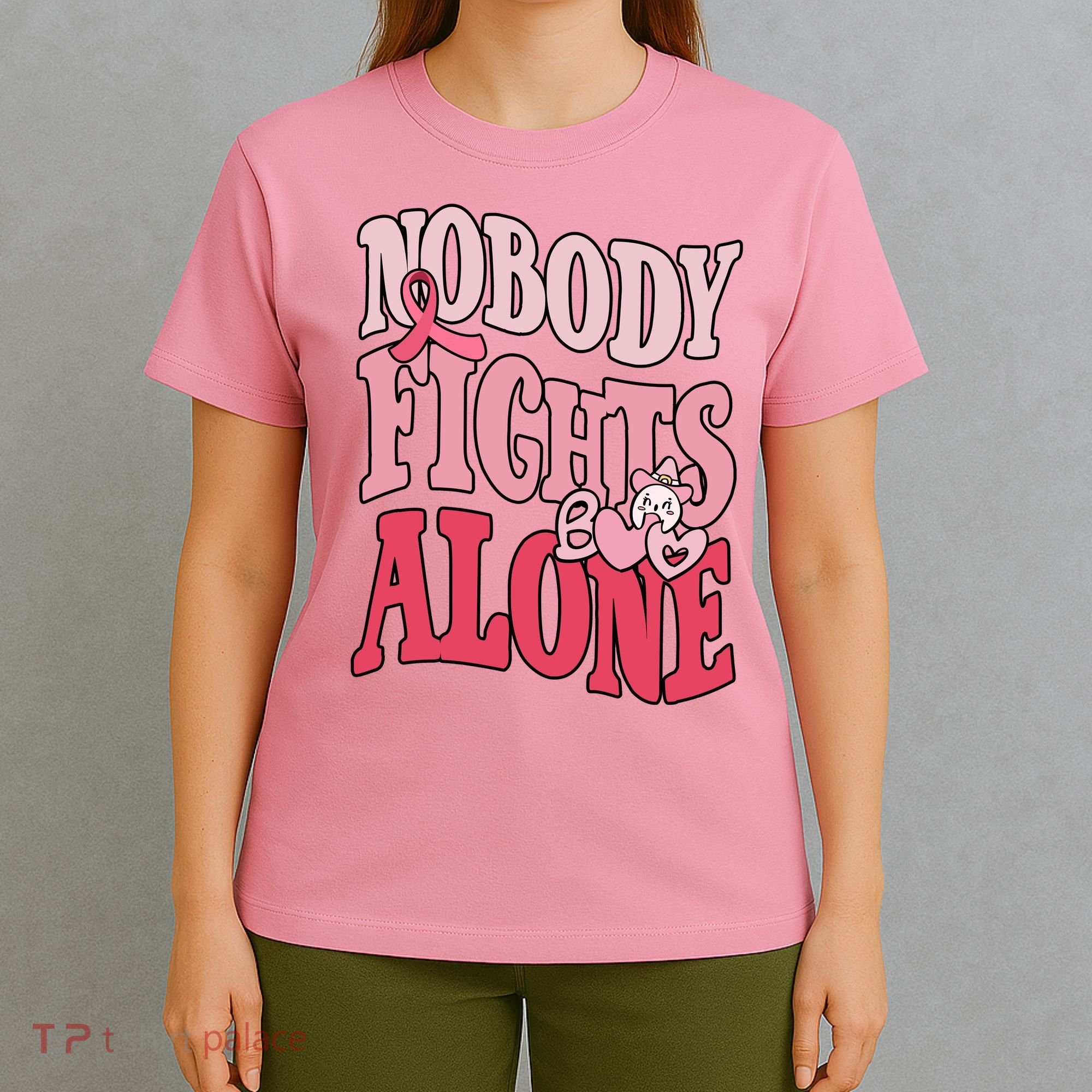 Nobody Fights Alone Breast Cancer Awareness Retro Groovy T-Shirt