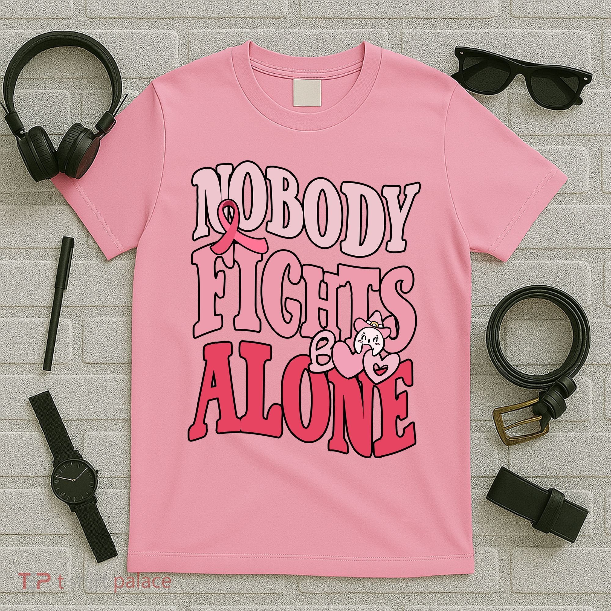 Nobody Fights Alone Breast Cancer Awareness Retro Groovy T-Shirt